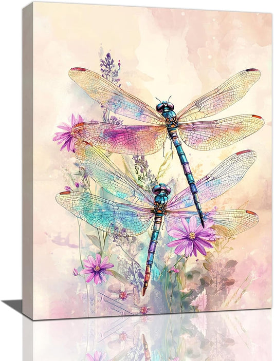 Dragonfly Bathroom Pictures Wall Art, Floral Bathroom Wall Decor, Framed Painting Canvas Artwork for Bedroom Living Room Decorations 16"L x 12"W