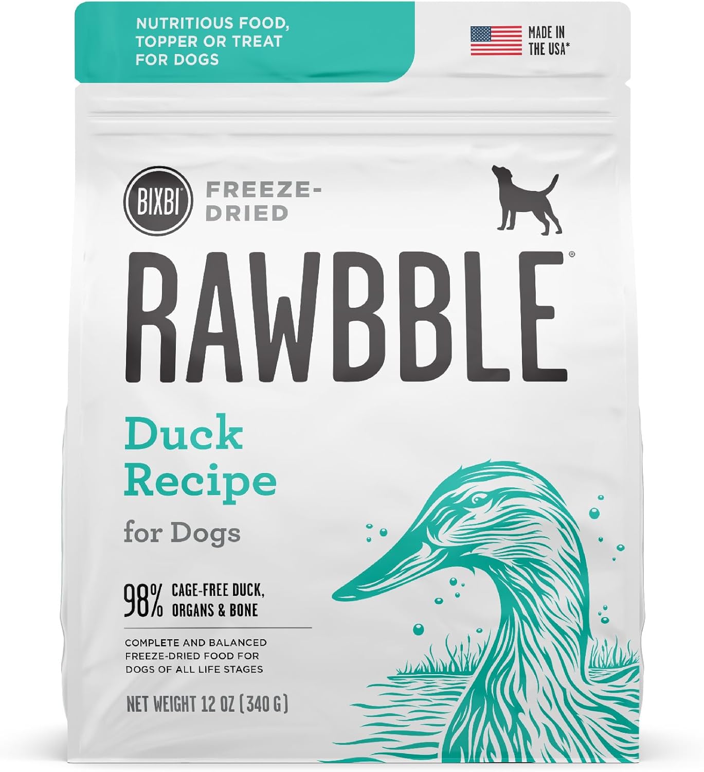 BIXBI Rawbble Freeze Dried Dog Food, Duck Recipe, 12 oz - 95% Meat and Organs, No Fillers - Pantry-Friendly Raw Dog Food for Meal, Treat or Food Topper - USA Made in Small Batches