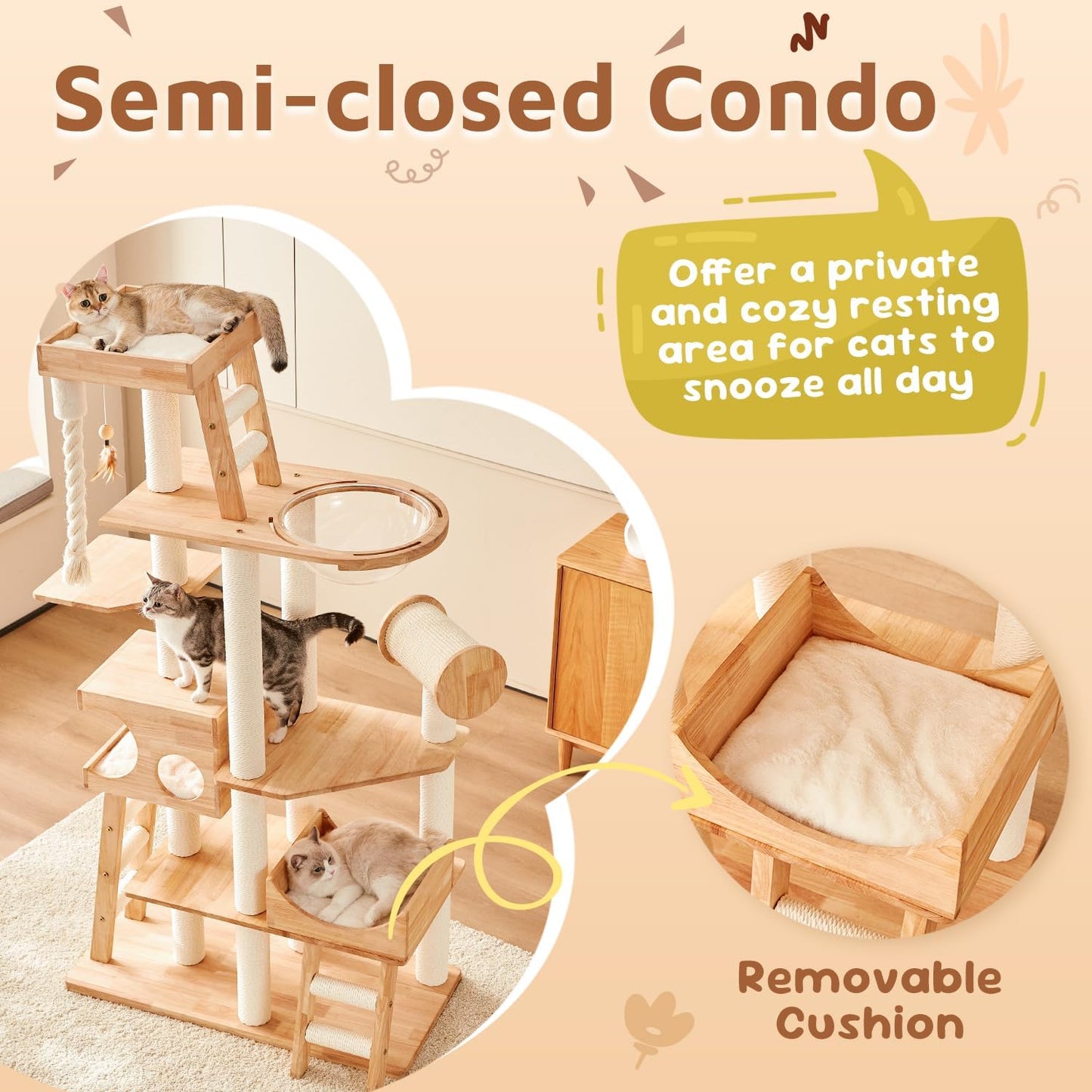 Wood Cat Tree for Indoor Cats, Modern Cat Tower, Unique Cat Condo with House, Tall Luxury Furniture with Heavy Duty Wide Base, Kraft Paper Rope Scratching Post, Removable Cushion (74.8-inch)