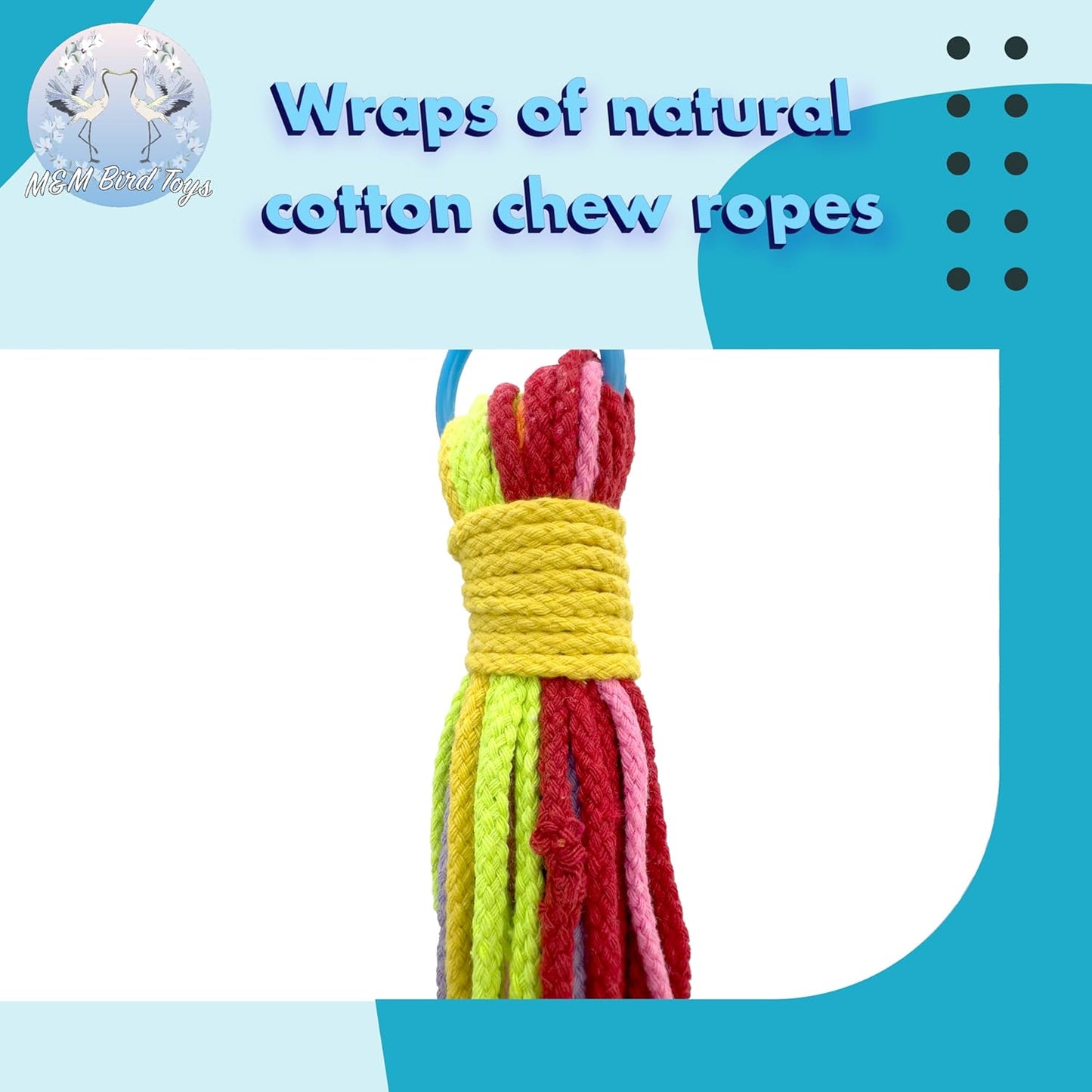 1351 Large Cotton Lace Chewer Bird Toy – Colorful Shredding and Foraging Toy for Parrots, Conures, Cockatiels, and Macaws – Safe and Durable Hanging Bird Toy – Natural Cotton Colorful Rope