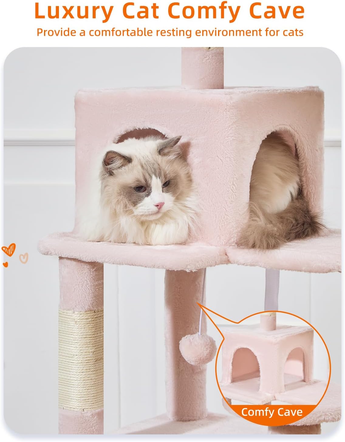 Taoqimiao Cat Tree, 68-Inch Cat Tree Cat Tower for Indoor Cats, Plush Multi-Level Cat Condo with 6 Scratching Posts, 2 Perches, 2 Caves,Hammock, 3 Pompoms,MS020SP Jelly Pink