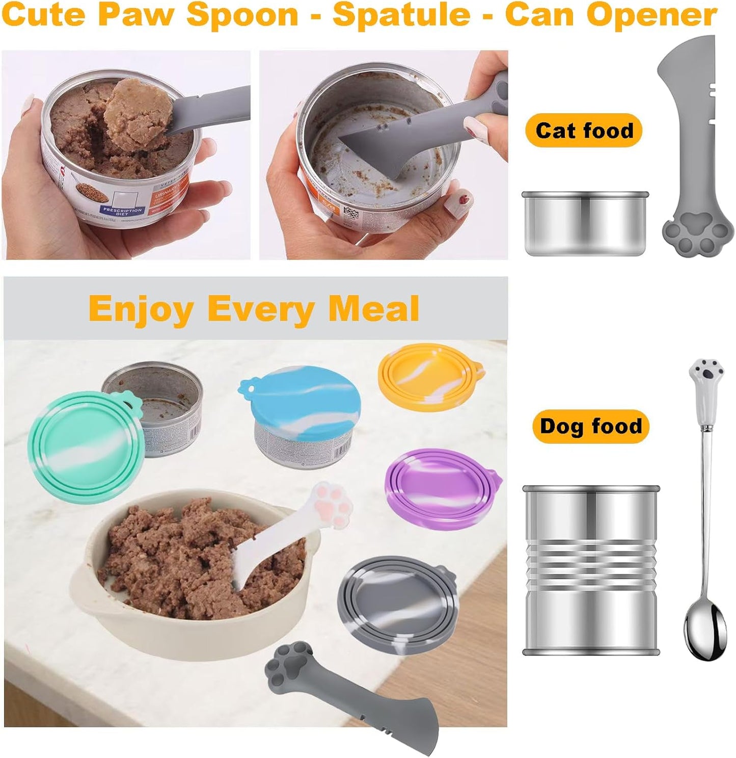Comtim 5 PCS Pet Food Can Lids & Spoons Set - Silicone Dog Cat Food Can Covers Lids Top/Multi-Function Cat Food Spoon Spatula Can Opener for Wet Food/Long Handle Spoon Easy to Scoop Food