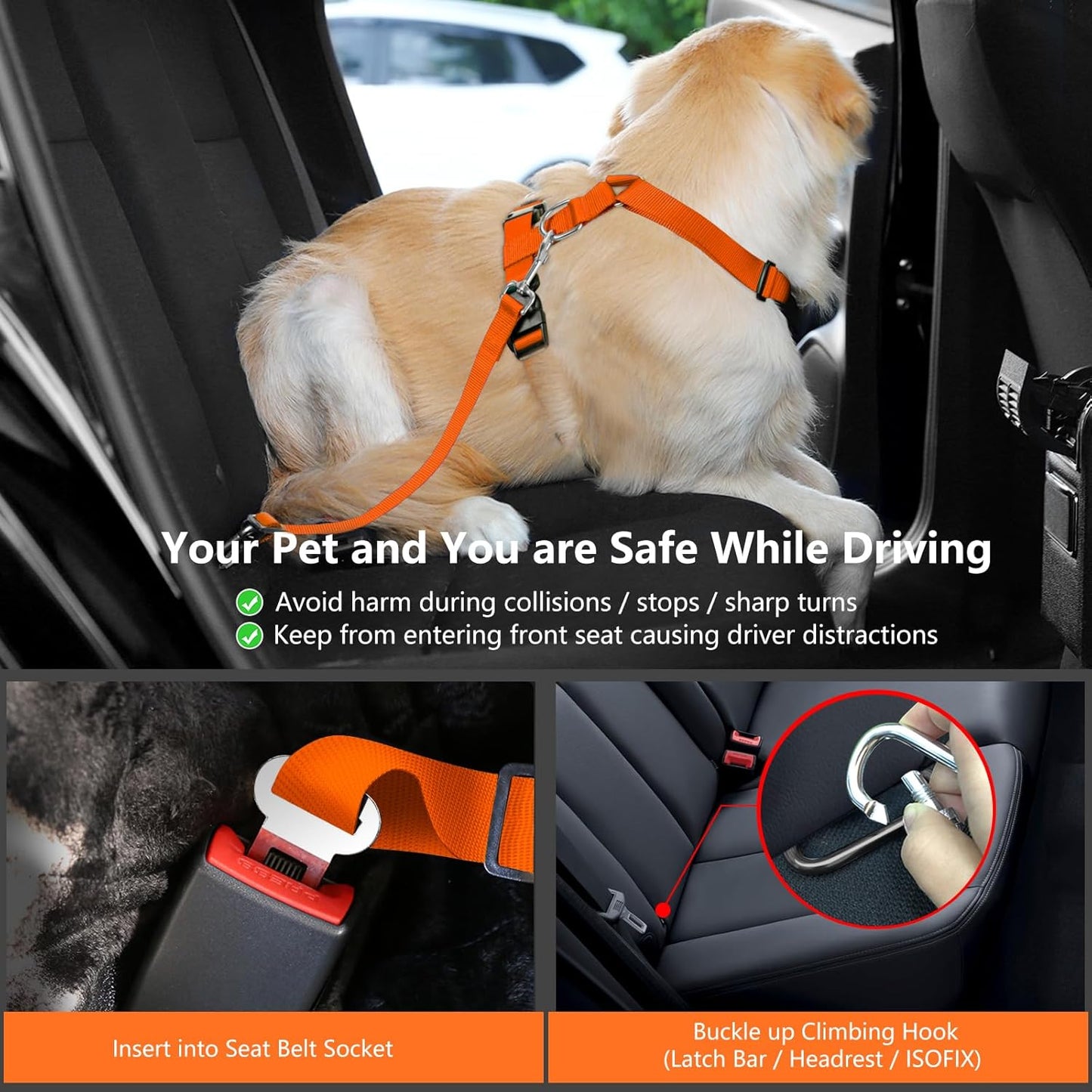 Dog Seat Belt, Safety Vest Dog Car Harness with Adjustable Buckle Dog Seat Belt for Vehicle Nylon Pet Safety Seat Belts Heavy Duty(M, Orange)