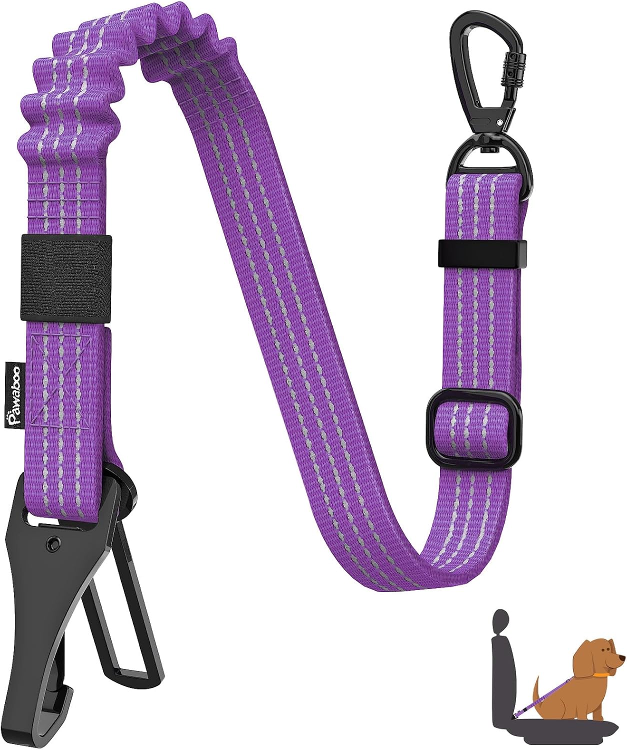 Pawaboo Dog Seatbelt for Car, 3-in-1 Dog Seat Belt Bungee, Shockproof Dogs Tether for Car with Buckle & Hook Latch, Adjustable Reflective Dogs Cars Harness Leash with 360° Lockable Buckle, Purple