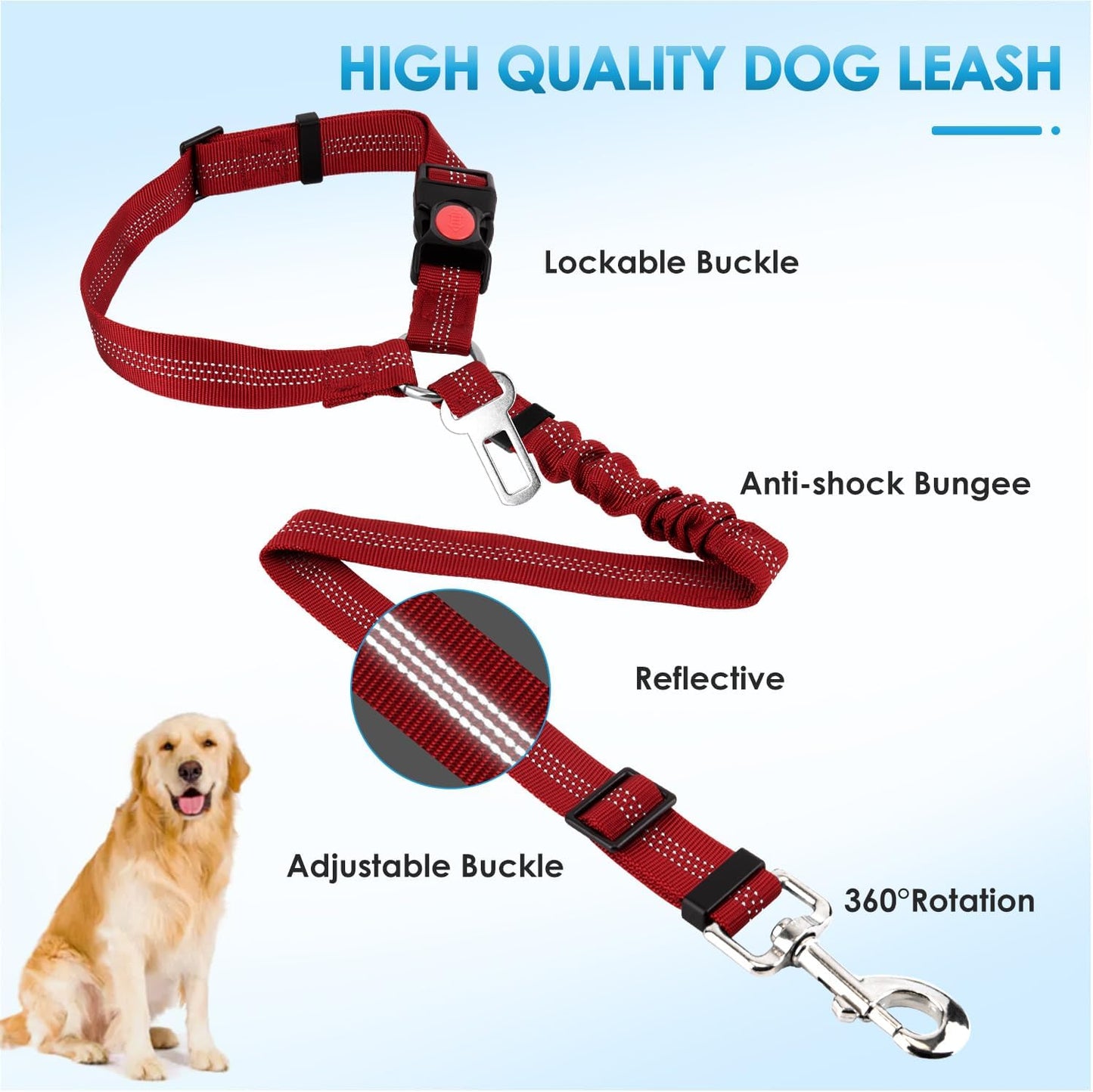 Lukovee Dog Seatbelt Leash for Cars, 2 Pack Pet Safety Seat Belt with Adjustable Buckle & Reflective Bungee, Connect Dog Harness in Vehicle Dogs Restraint Travel Daily Use (Red)