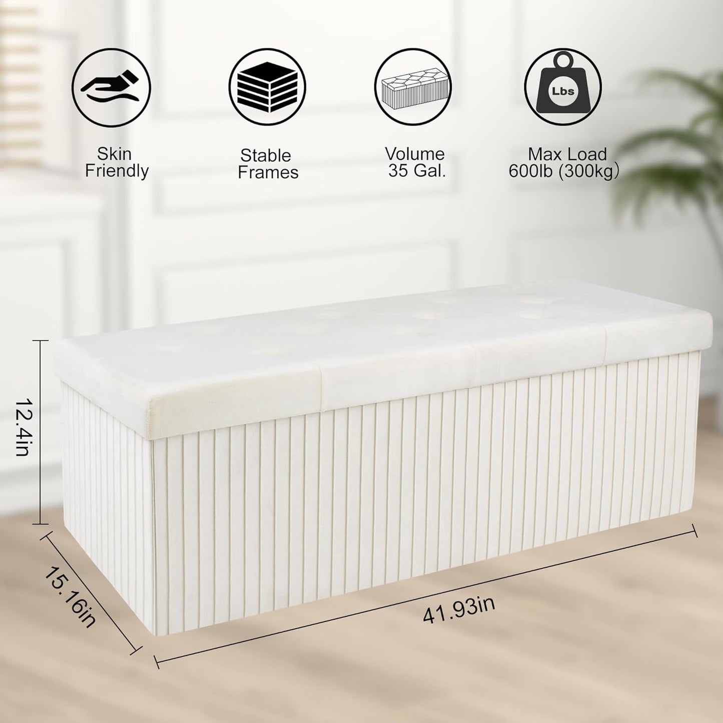 Storage Ottoman Bench, 43 Inch Foldable Ottoman with Legs, Velvet Foot Rest Stool, End of Bed Bench, Storage Chest for Living Room, Bedroom (Beige)