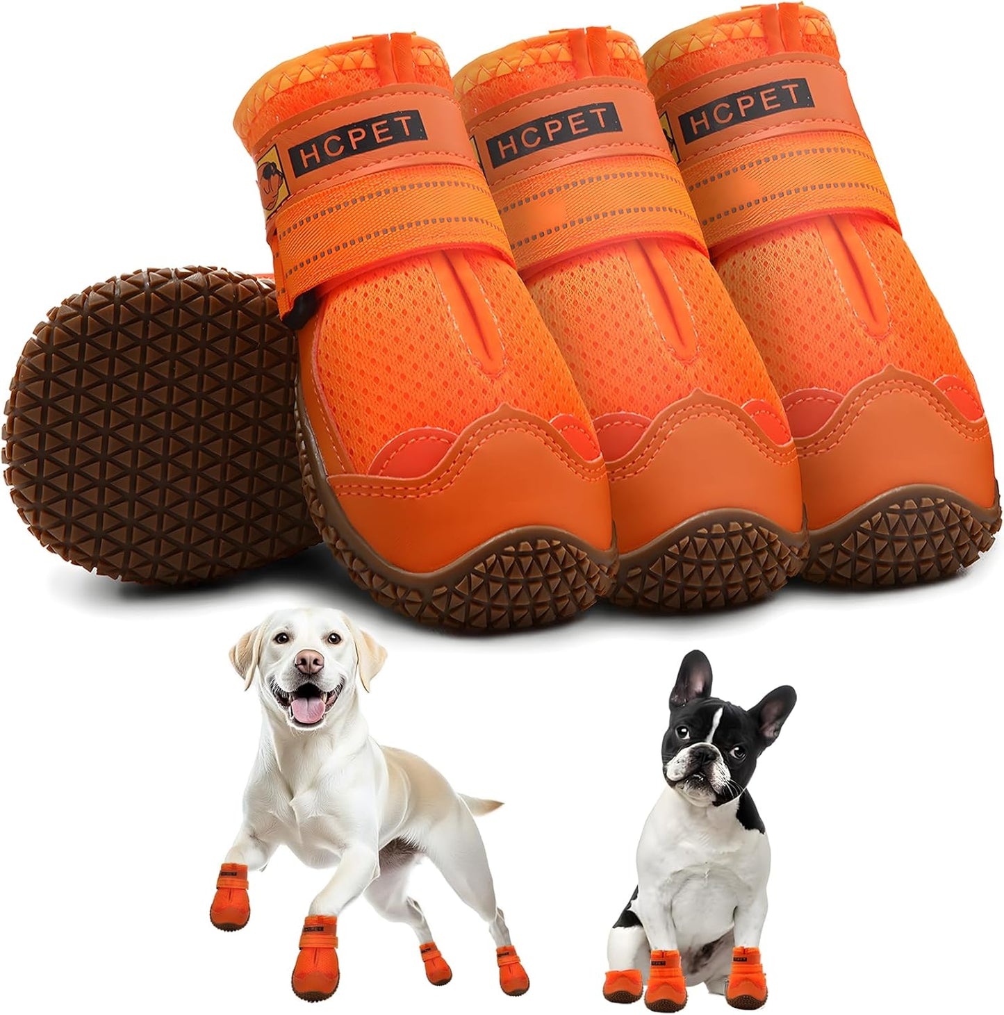 Hcpet Dog Shoes for Large Dogs, Breathable Dog Booties for Small Medium Dogs, Anti-Slip Dog Boots & Paw Protectors for Hot Pavement Winter Snow Hiking with Reflective Straps Orange Size 6