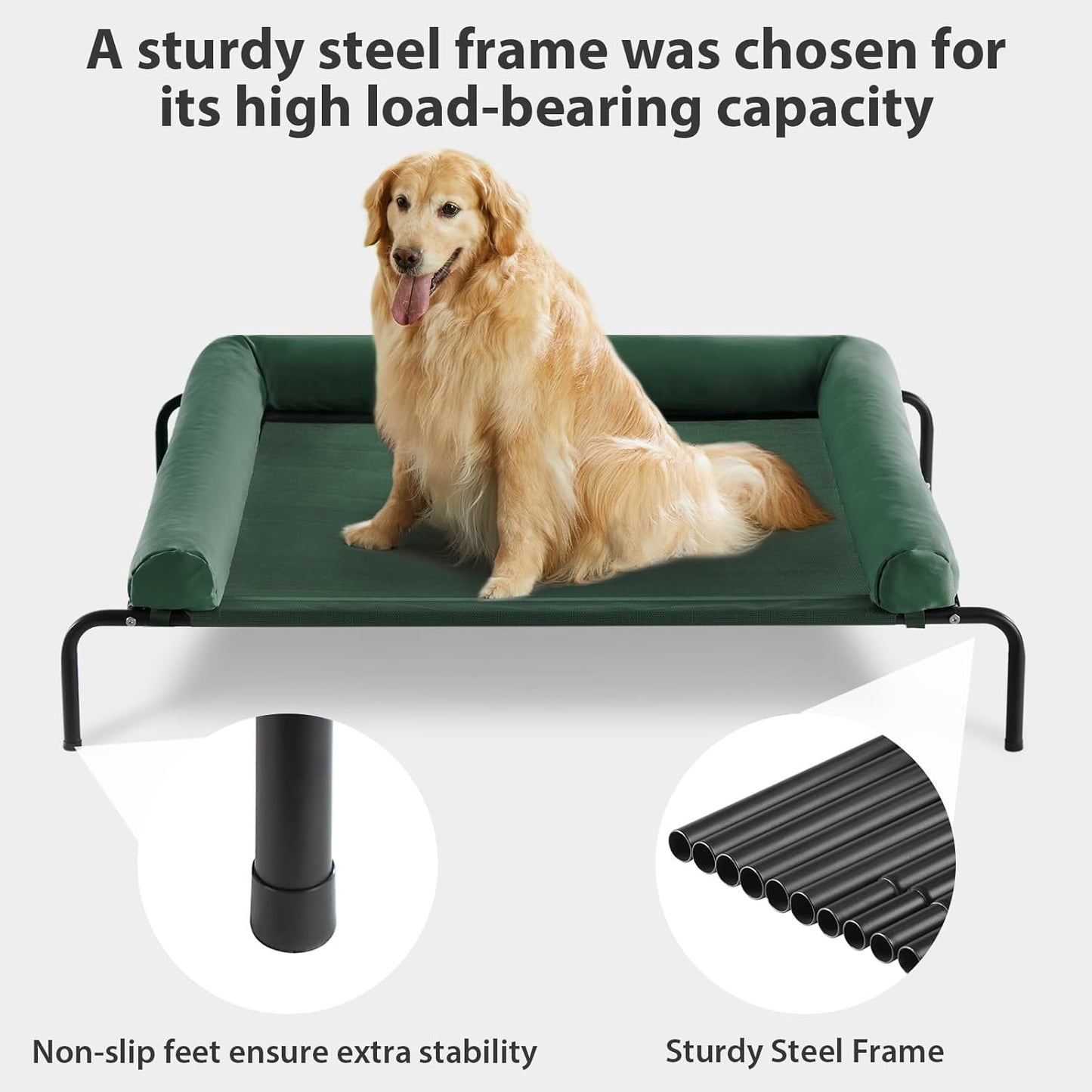 RRPETHOME Large Elevated Cooling Dog Bed, Raised Dog Cot Beds for Large Dogs, Elevated Outdoor Pet Cot, Chew Proof Portable Cooling Pet Cot with Skid-Resistant Feet and Breathable Mesh