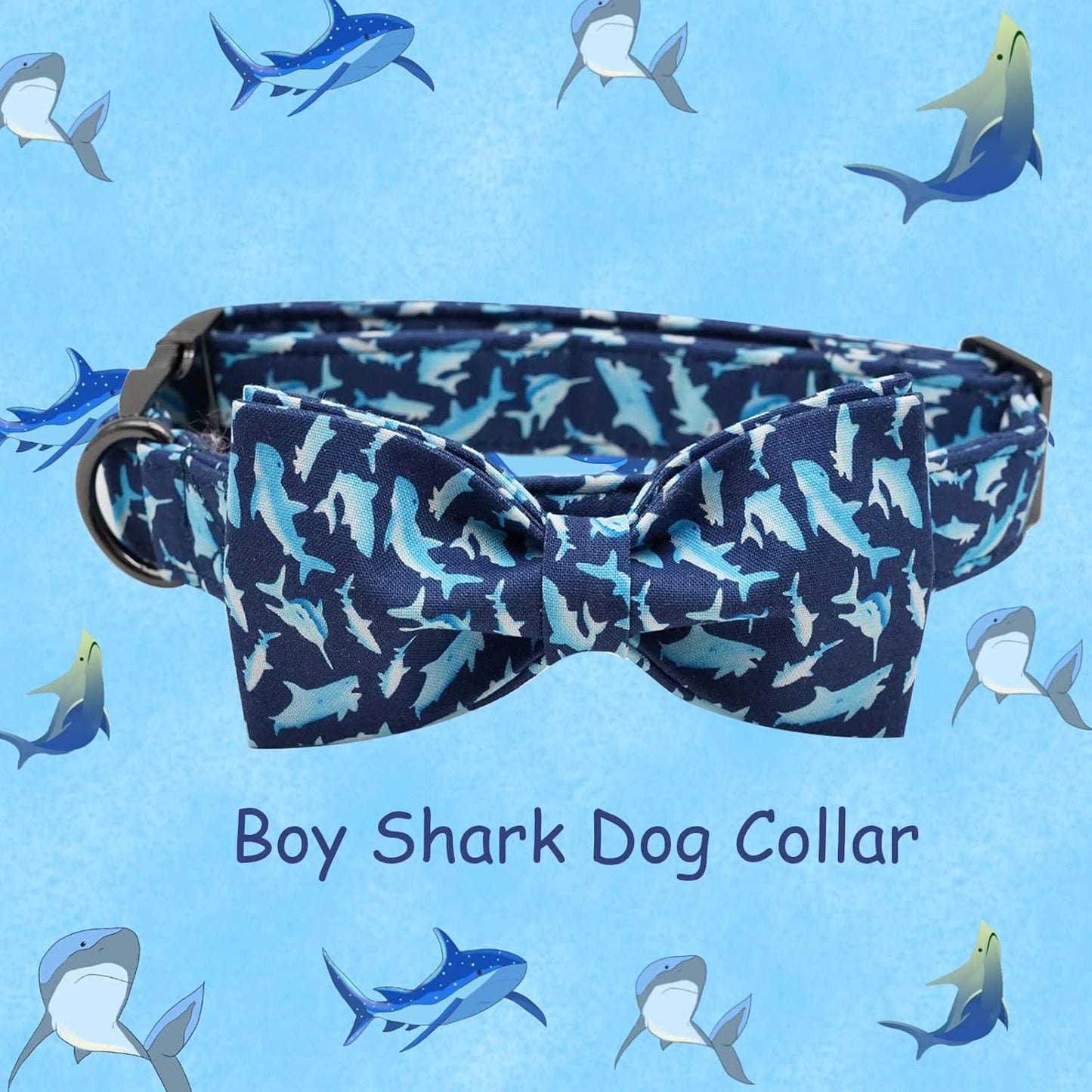 Elegant Little Tail Bowtie Dog Collar - Shark Print, Adjustable for X-Large Dogs