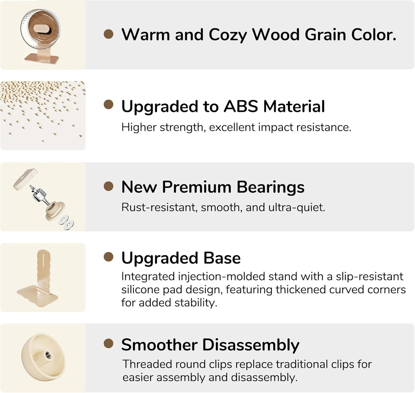 Silent Hamster Wheel 10.5 Inch Dual-Bearings Quiet Running Exercise Wheels with Wood Grain Backboard, Height Adjustable for Syrian Hamsters, Gerbils, Mice, Hedgehog, Lemmings, Warm Brown