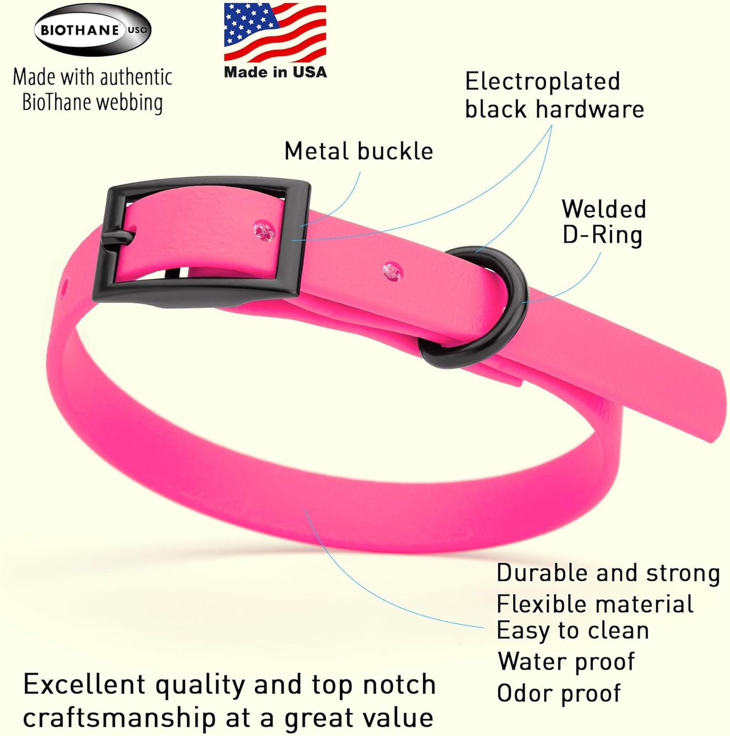 Dogline Biothane Waterproof Dog Collar Strong Coated Nylon Webbing with Black Hardware Odor- Proof for Easy Care Easy to Clean High Performance Fits Small Medium or Large Dogs, Passionfruit Pink