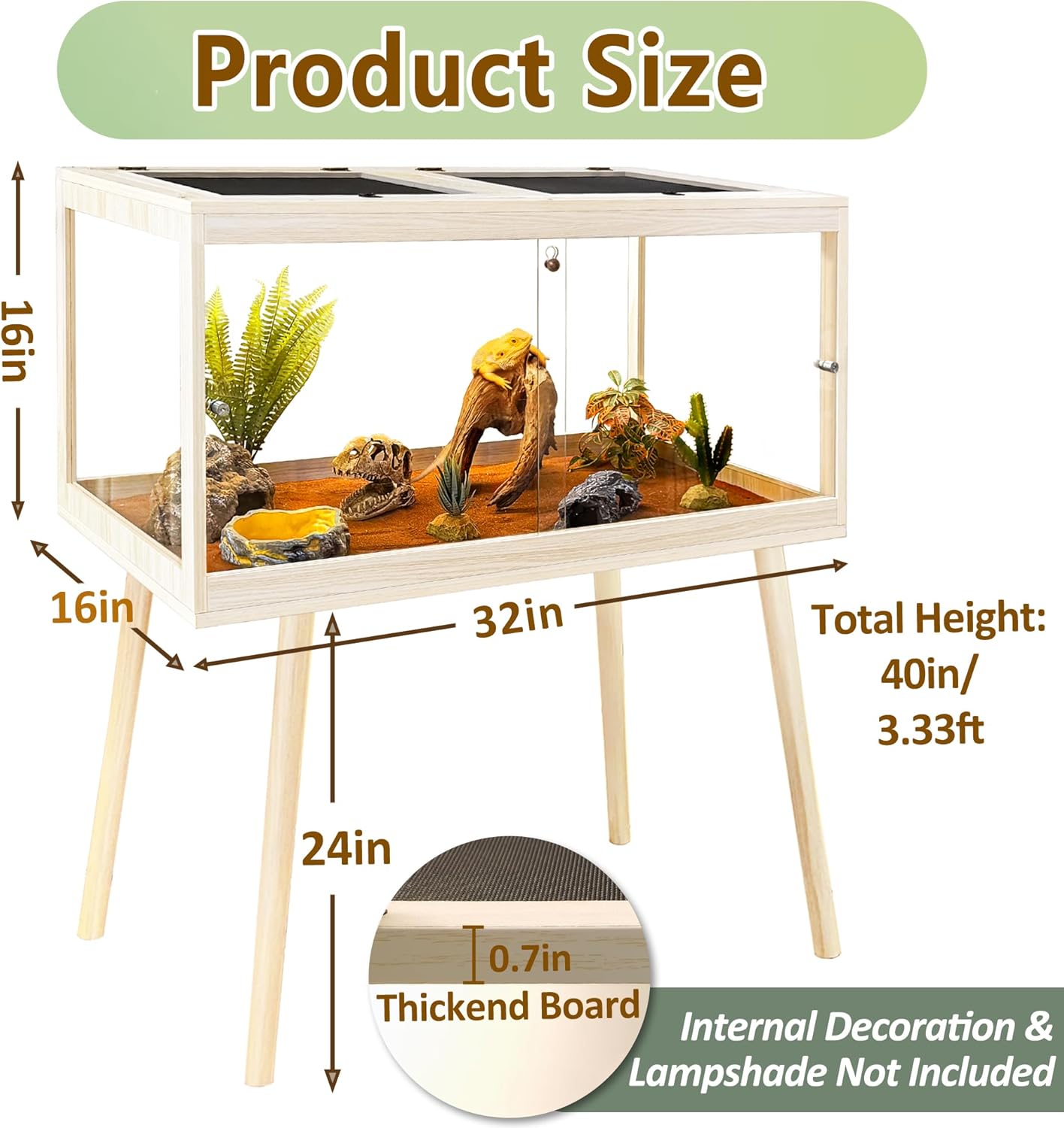 PROLEE Tempered Glass Reptile Enclosure with Leg,32“ Scratch-Proof Bearded Dragon Tank,32 Gallon Lizard Tank with Metal Mesh Tops and Lockable Door,Spacious Reptile Habitat for Snake,Lizard (Oak)