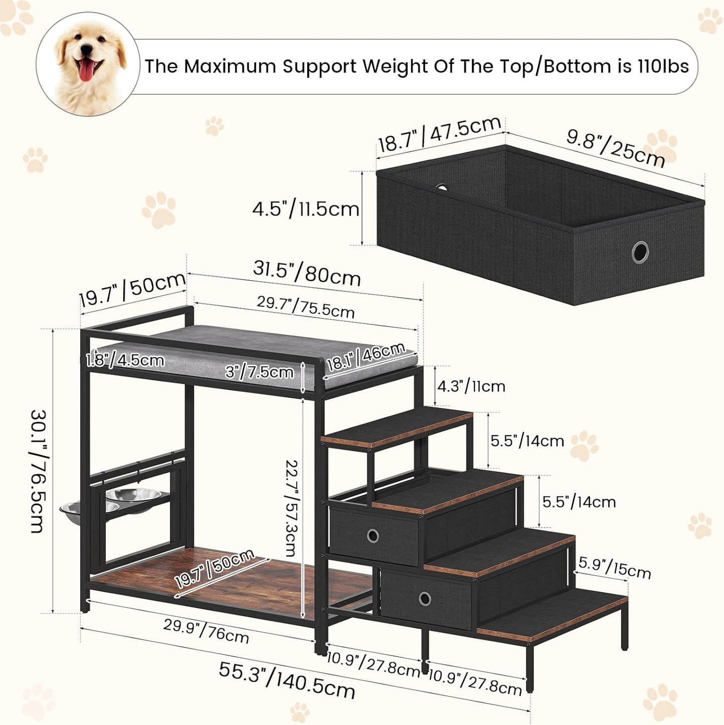 Dog Window Perch with 360° & Adjustable Raised Feeder, Pet Bunk Bed with Removable Stair and 2 Drawers, Elevated Platform Bed, Pet Elevated Seat with Cushion, Paw-Friendly Ladder