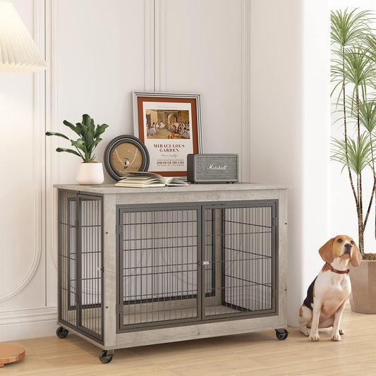 IchbinGo Wooden Dog Crate Furniture, 38.5" Dog Kennel with 3 Doors, Flip-up Top Opening and Wheels, Decorative Pet Crate Dog House for Large/Medium/Small Dog Indoor Use (Rustic Grey)