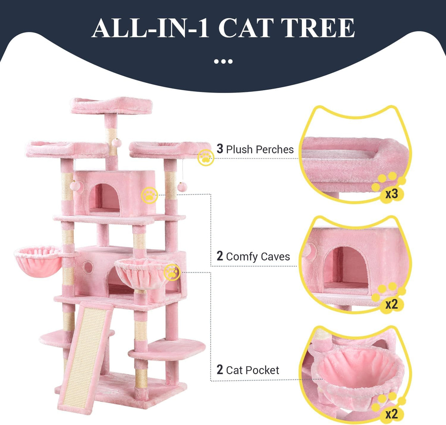 Allewie 68 Inches Cat Tree/House and Towers for Big Feline/Scratching Post/Multi-Level Large Kitty Climbing Tree with Condo/Pink