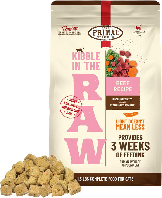 Primal Kibble in The Raw, Freeze Dried Cat Food, Beef, Scoop & Serve, Made with Raw Protein, Whole Ingredient Nutrition, Crafted in The USA, Dry Cat Food, 24 Ounce (1.5 lb) Bag