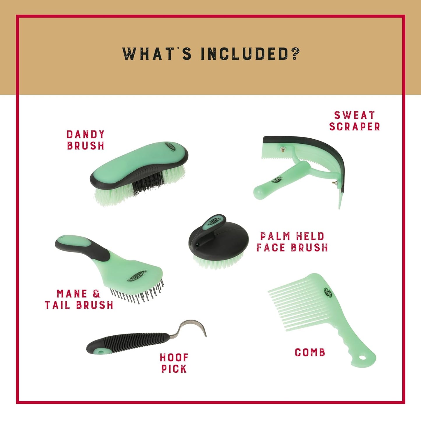 Weaver Equine 6-Piece Horse Grooming Kit, Ergonomic Gentle Horse Care Kit, Equestrian Supplies for Bathing Support, Detangling, and More, Mint/Gray