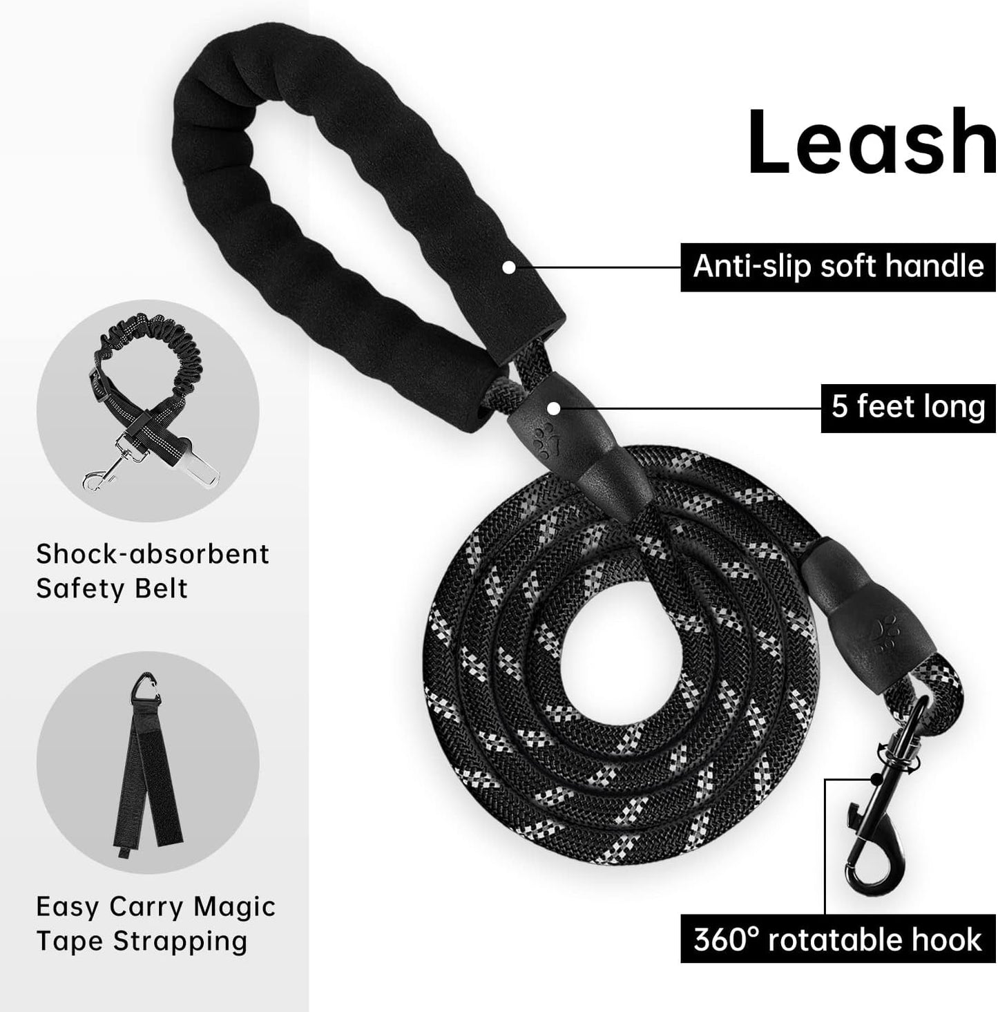 IVY&LANE No Pull Dog Harness for Medium Dogs, Dog Vest Harness with Leash, Safety Belt and Storage Strap, Fully Adjustable Harness, 360° Reflective Strip, Soft Handle (Black, M)