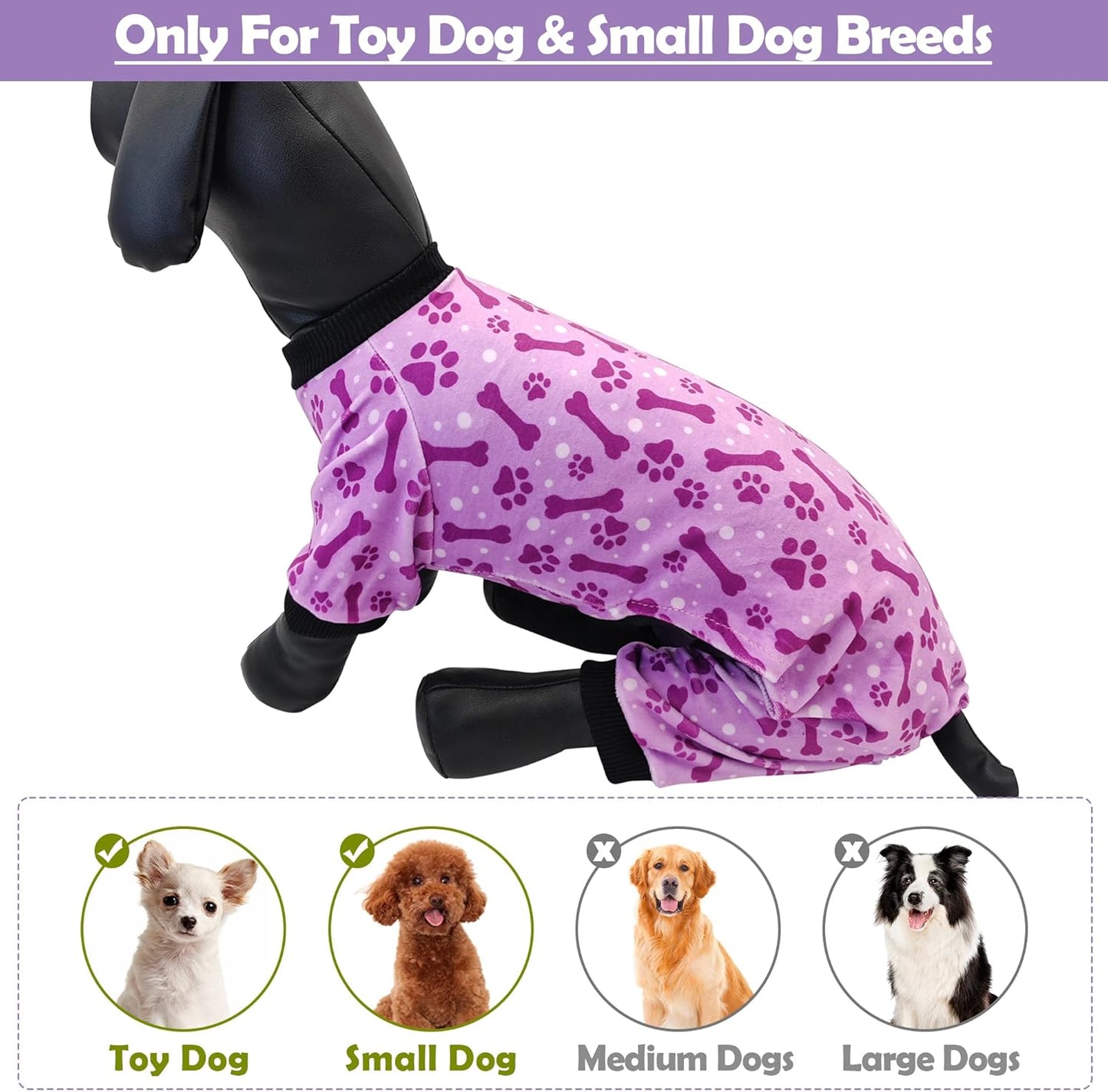 PET SHOW 4 Pack Small Dog Pajamas Paw Bone Patterns Cute Clothes for Medium Dogs Soft Fleece Stretchy PJs 4 Legged Jumpsuit Puppy Cats Onesies Outfits with Sleeve Dachshund Doggies Girl Boy (X-Small)