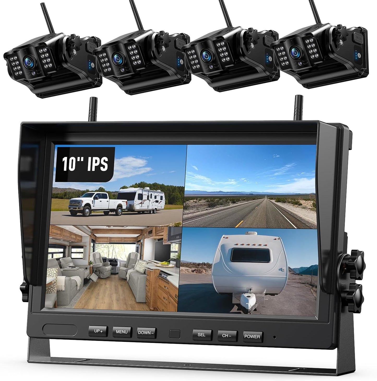 eRapta 4 Wireless Backup Camera Magnetic: 10.1" IPS Full-Size DVR Monitor, Install-Free RV Camera System with IR Night Vision, Built-in 9600mAh Battery for RV/Camper/Truck/Trailer/Tractor ACT104