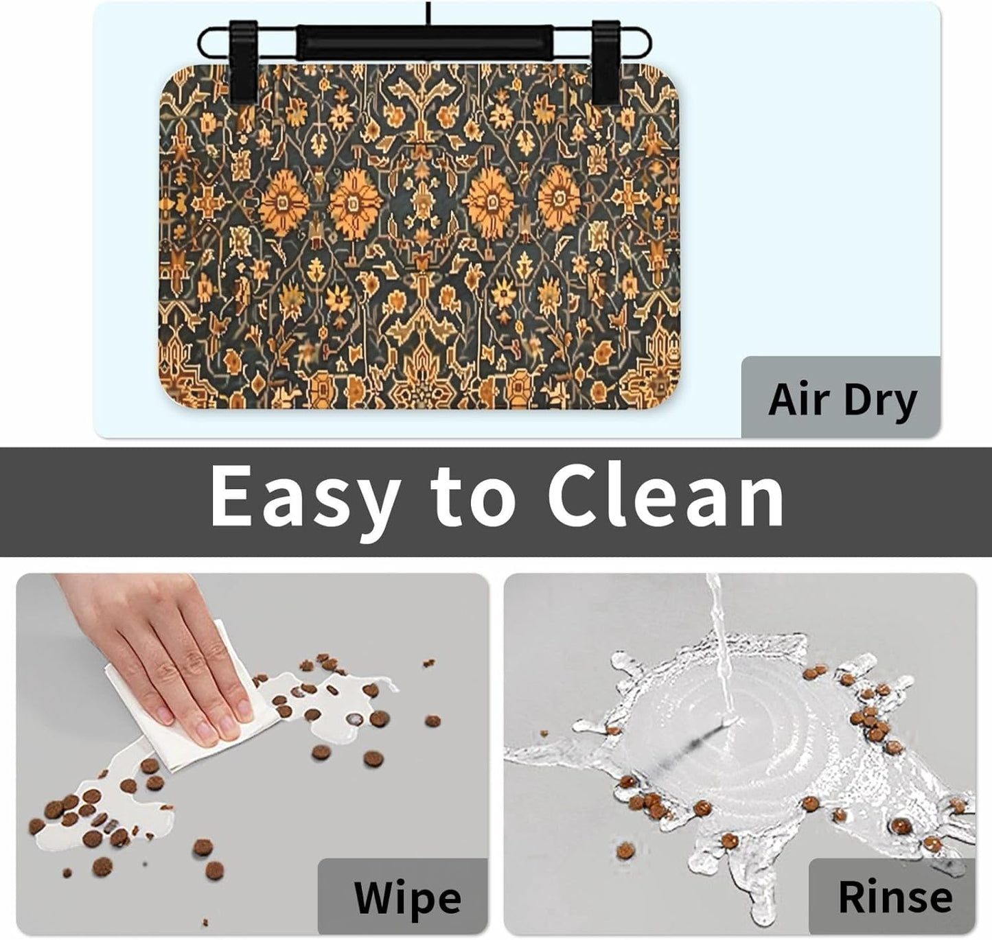 Turkish Carpet Design Dog Food Mat Absorbent Bowl Mats No Stains Quick Dry Waterproof Pet Cat Placemats for Food and Water, 30x45cm