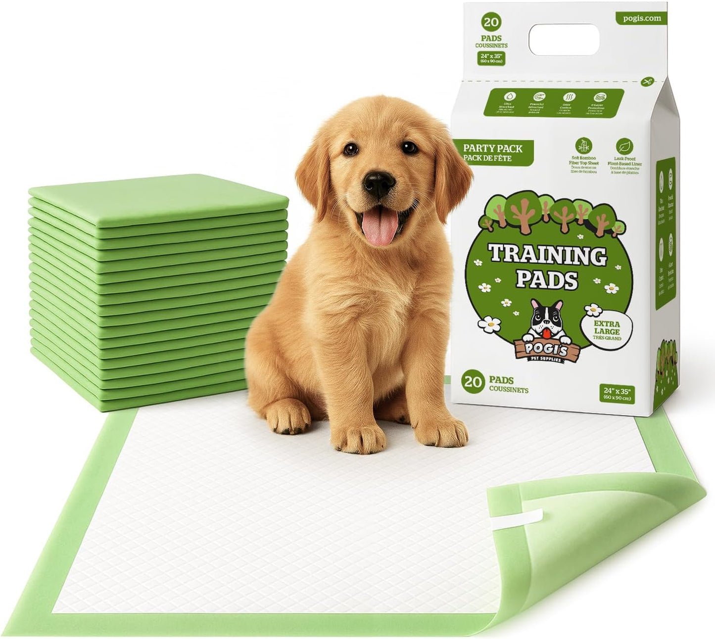 Pogi’s Potty Pads with Sticky Tabs – XL, Super Absorbent, Odor Blocking, 20-Count (24x35in)