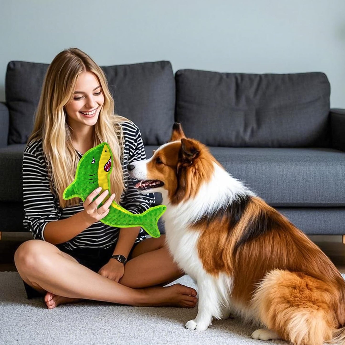 Squeaky Dog Toy No Stuffed Dog Toys,Green Shark Puppy Toys for Small Medium Large Breed pups Teething Interactive Toy to Keep Them Busy, Best Christmas Birthday Gift
