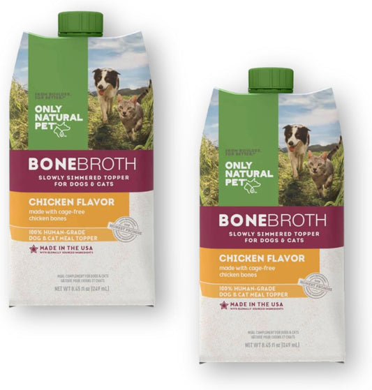 Only Natural Pet Bone Broth Chicken Flavor Dog & Cat Meal Topper, 100% Human-Grade Slow-Simmered, Free-Range for Dry Food or to Hydrate Dehydrated Food - (2-Pack / 11.16 oz Each)