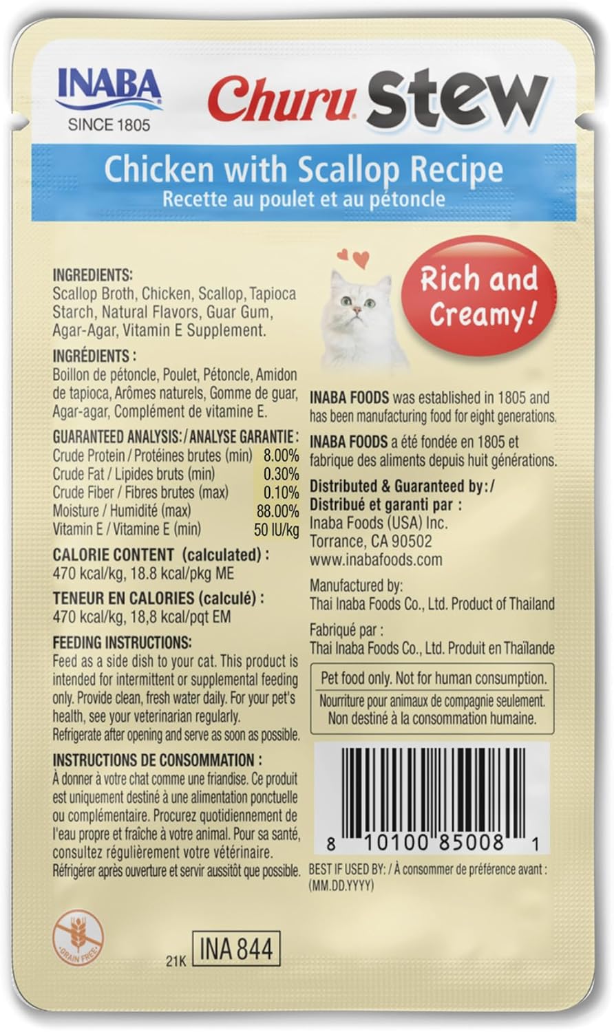 INABA Churu Stew for Cats, Side Dish Pouch with Vitamin E, 1.4 Ounces per Pouch, 12 Pouches, Chicken with Scallop Recipe