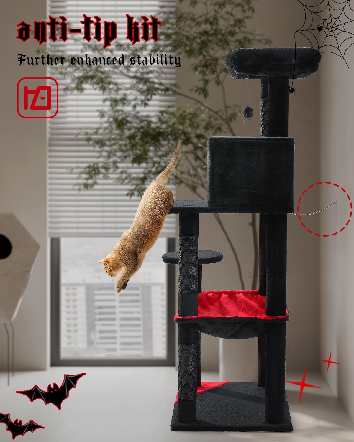 Gothic Cat Tree with Super Large Hammock, 56.3" Black Cat Tower with Coffin Bed, Cat Condo, Sisal Scratching Posts & Top Perch, Multi-Level Goth Cat Tree, Halloween, Black