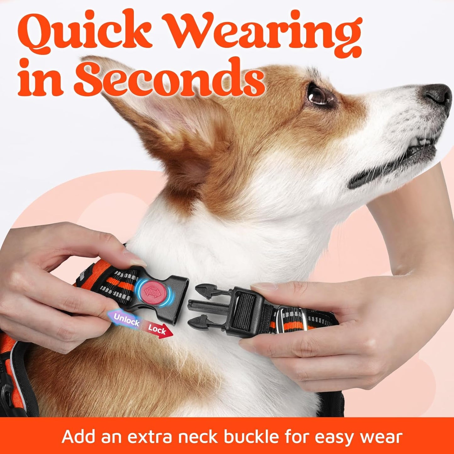 rabbitgoo Dog Harness for Large Dogs, No Pull Pet Vest with 3 Buckles, Adjustable Soft Padded Pet Harness with Easy Control Handle and Reflective Strips, Orange, L