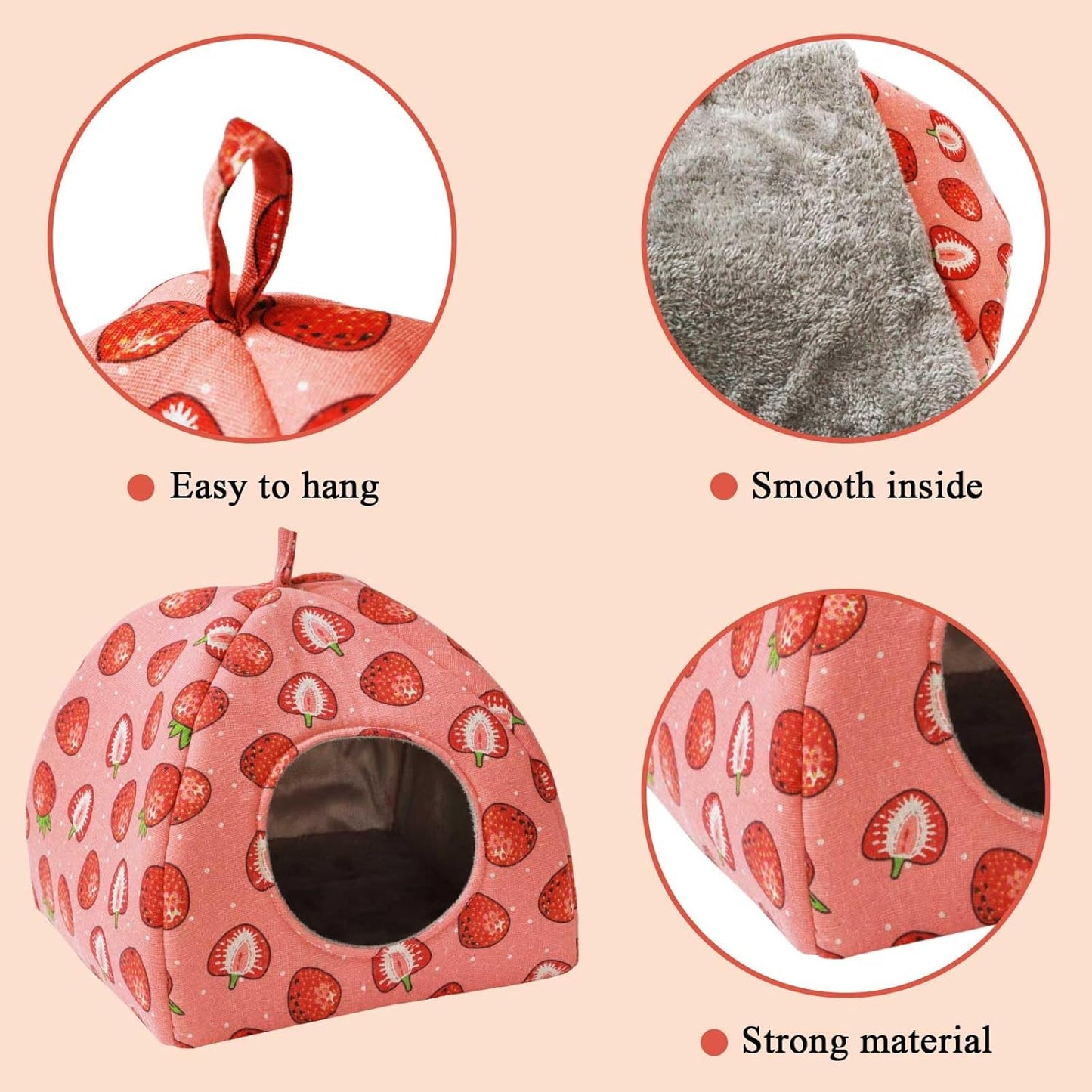 JSPYFITS Guinea Pig Hideout Bed Rabbit House Cave Accessories Cozy Hide-Out Guinea Pig Bed Washable Cage for Small Pet Hamster Ferret Rabbit Bunny Pink Strawberry