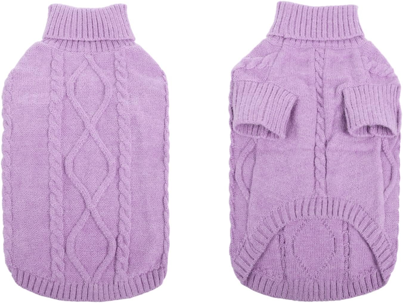 Queenmore Small Dog Pullover Sweater, Cold Weather Cable Knitwear, Classic Turtleneck Thick Warm Clothes for Chihuahua, Bulldog, Dachshund, Pug (Lilac, Small)