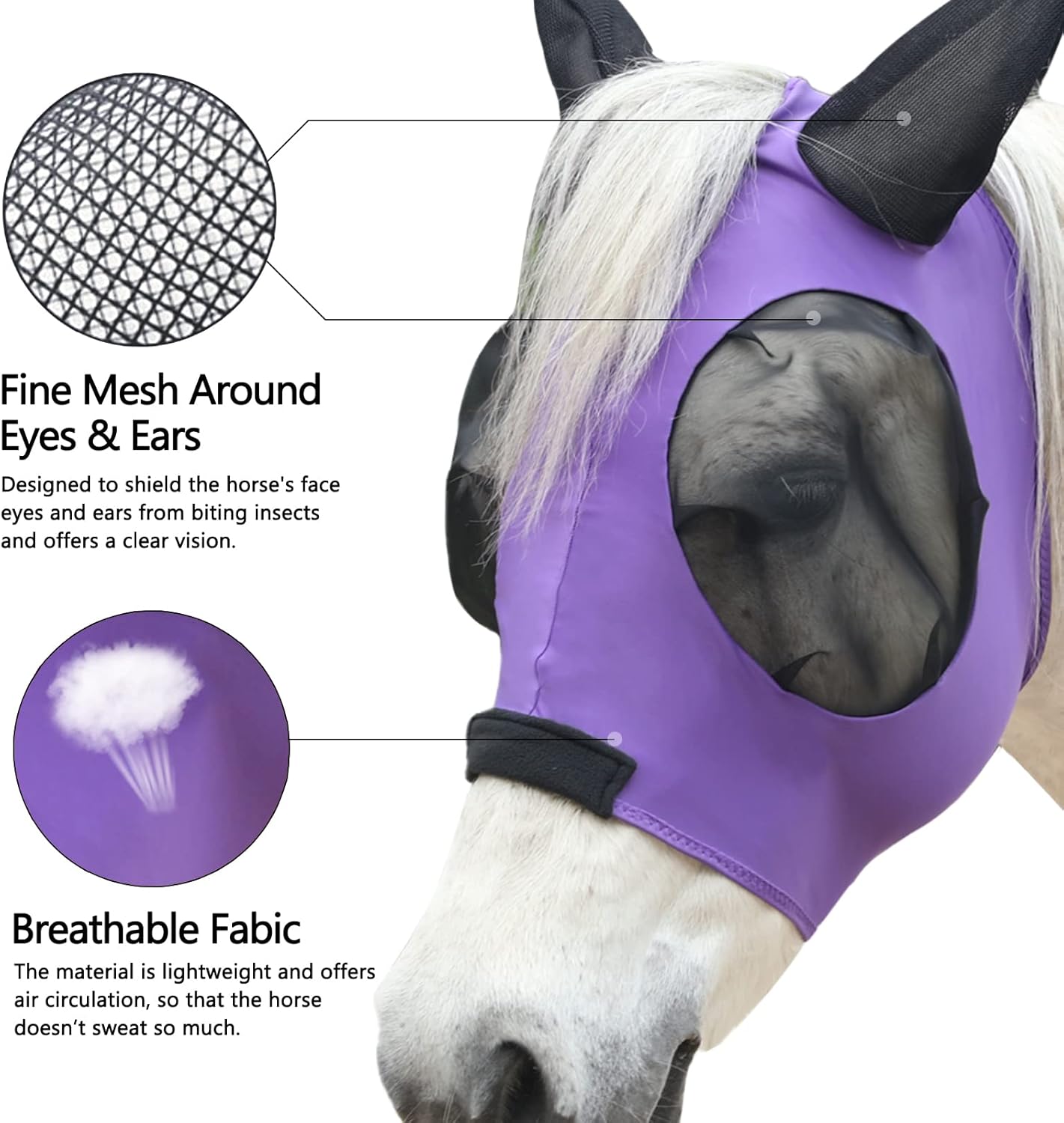 Horse Fly Mask with Ears - Large Eye Space for Full Vision, Breathable Stretch Comfort Fit, UV Protection, Forelock Opening, Easy Pull-On Violet Full