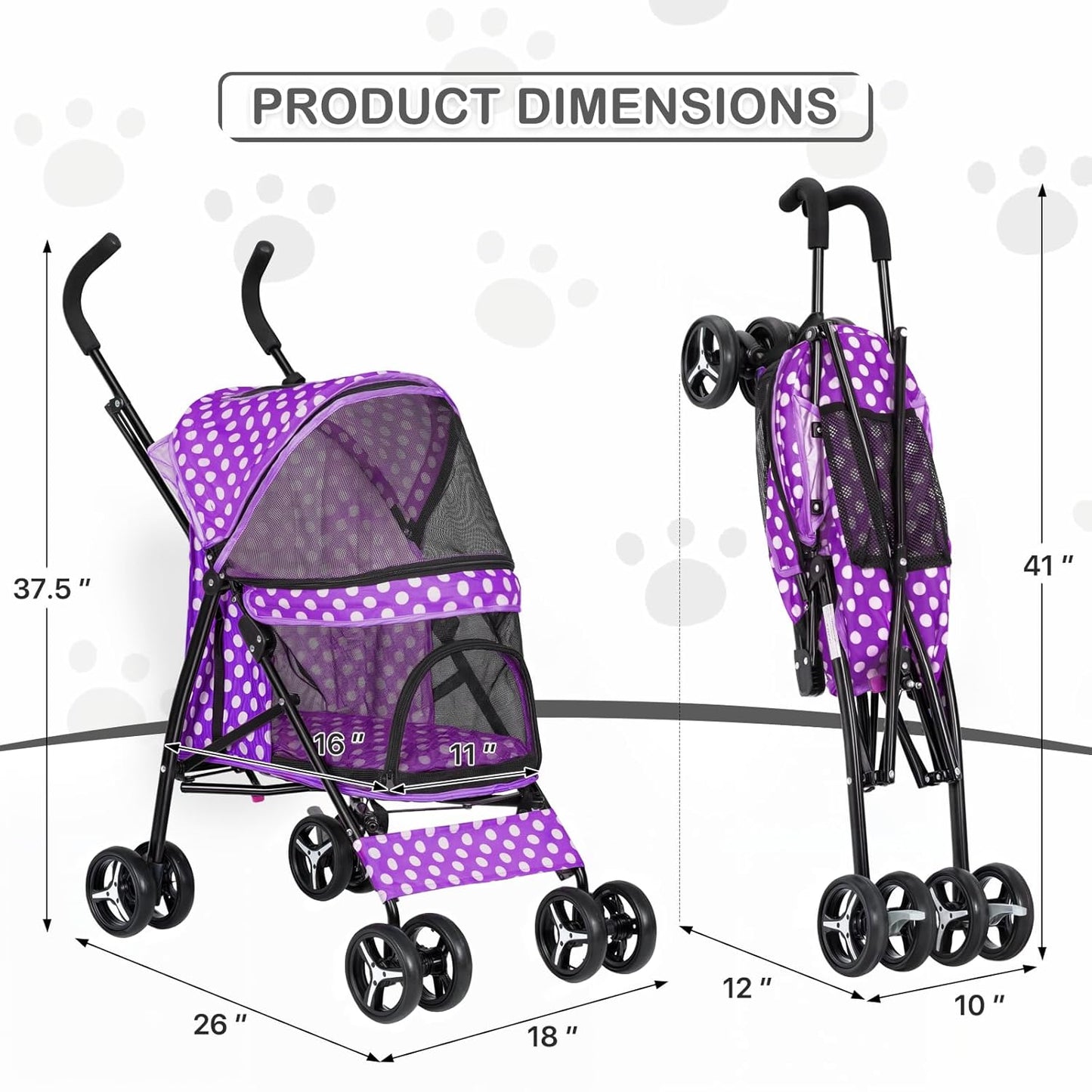 MoNiBloom 4 Wheels Pet Stroller, Easy-Fold Umbrella Shaped Dog Cat Jogger Stroller w/Storage Bag & Visible Mesh for Small/Medium Dogs Cats Purple Polka Dots