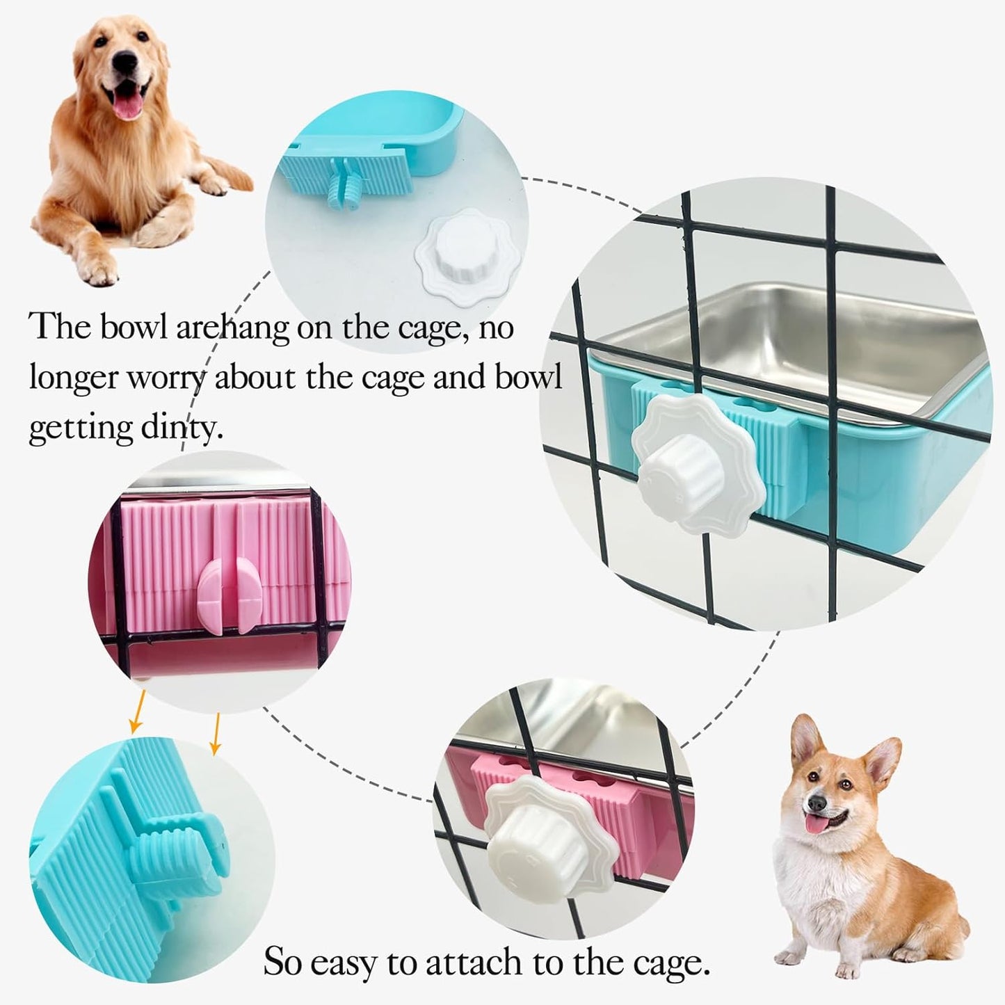 kathson Crate Dog Bowl, Removable Stainless Steel Hanging Pet Kennel Cage Bowl Food & Water Feeder Coop Cup for Puppy, Cat, Rabbit,Guinea Pigs 3pcs Square(Blue,Green,Pink)