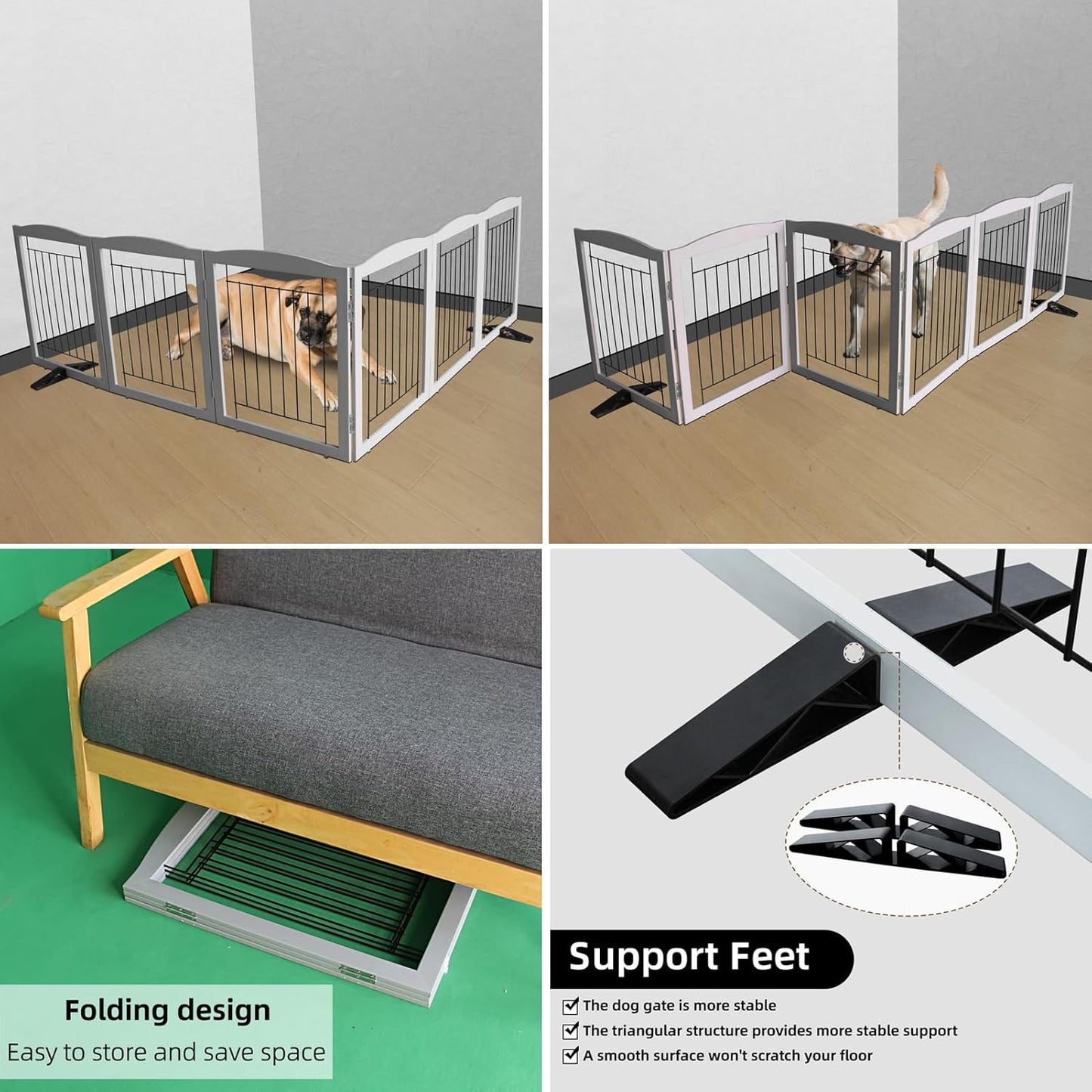ZJSF Freestanding Dog Fence Indoor, Foldable Dog Gate for Doorways, Stairs or Hallways, Sturdy Wood Extra Wide Pet Gate with Support Feet for The House, Grey, 24 "Height-6 Panels