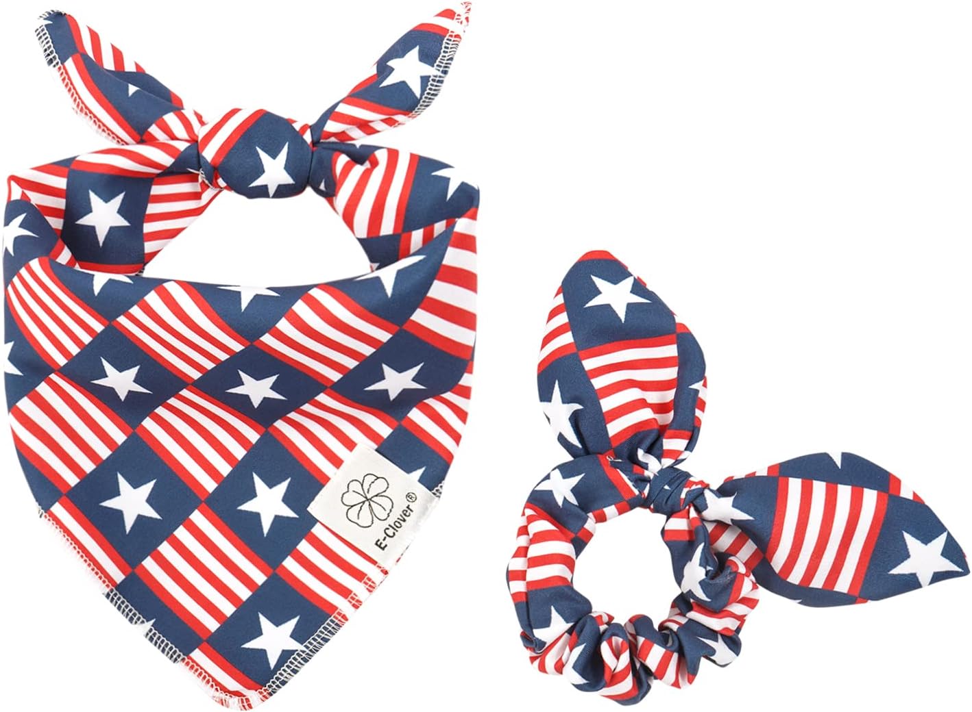 E-Clover 4th of July Dog Bandanas & Matching Scrunchie Set American Flag Dog Scarf Washable Patriotic Pet Bandana Kerchief Bibs for Medium Large Dogs Owner Gifts