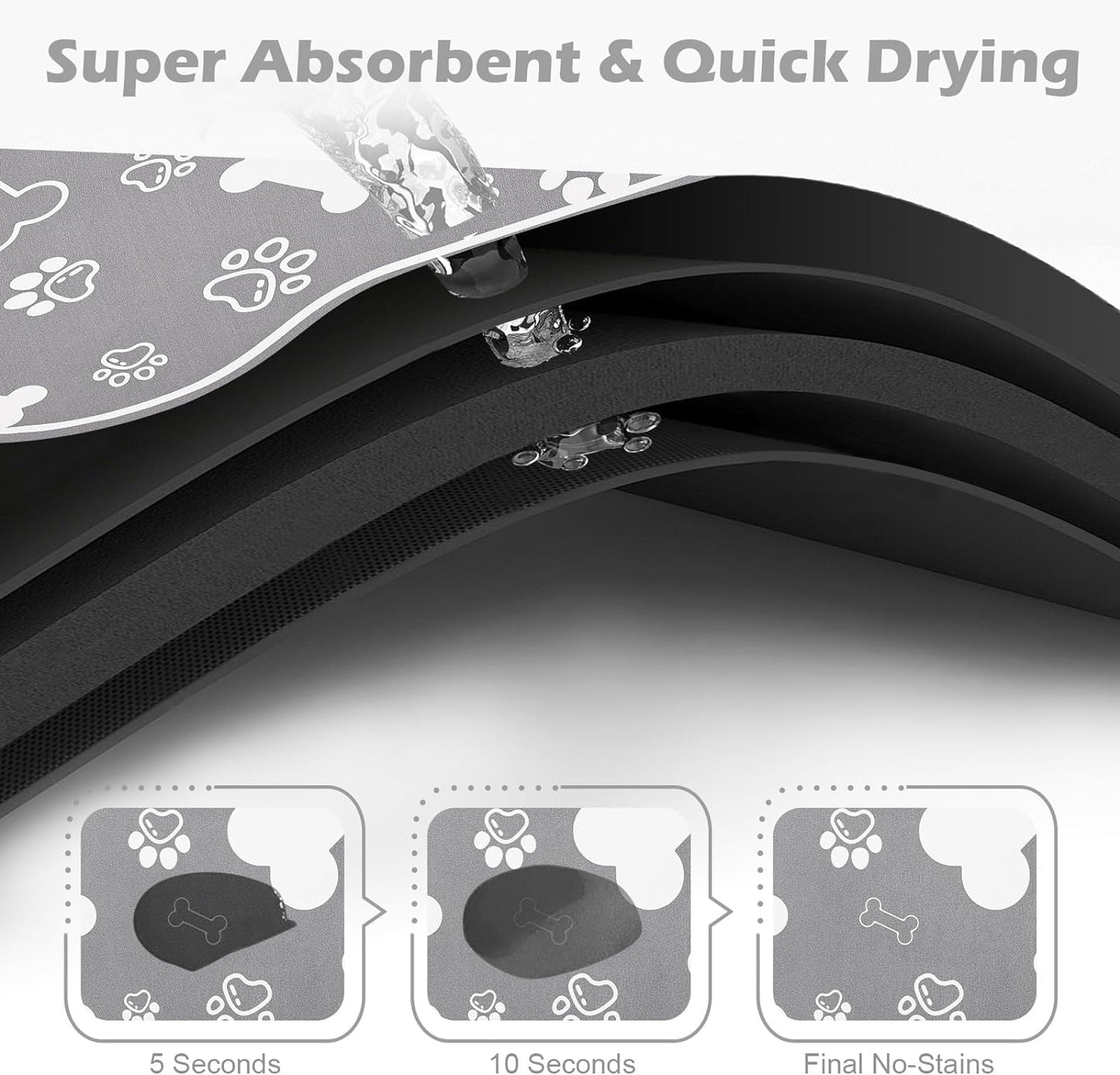 Dog Cat Food Mat, Rapid Absorbent Pet Feeding Placemat, Bone Shaped With Rubber Backing, No Stains Indoor, Pet Accessories Supplies 17"29" Grey