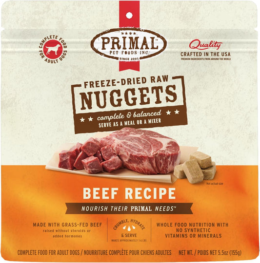 Primal Freeze Dried Raw Dog Food Nuggets, Beef, Complete & Balanced Meal, Also Use as Topper or Treat, Premium, Healthy, Grain Free, High Protein Raw Dog Food, 5.5 oz