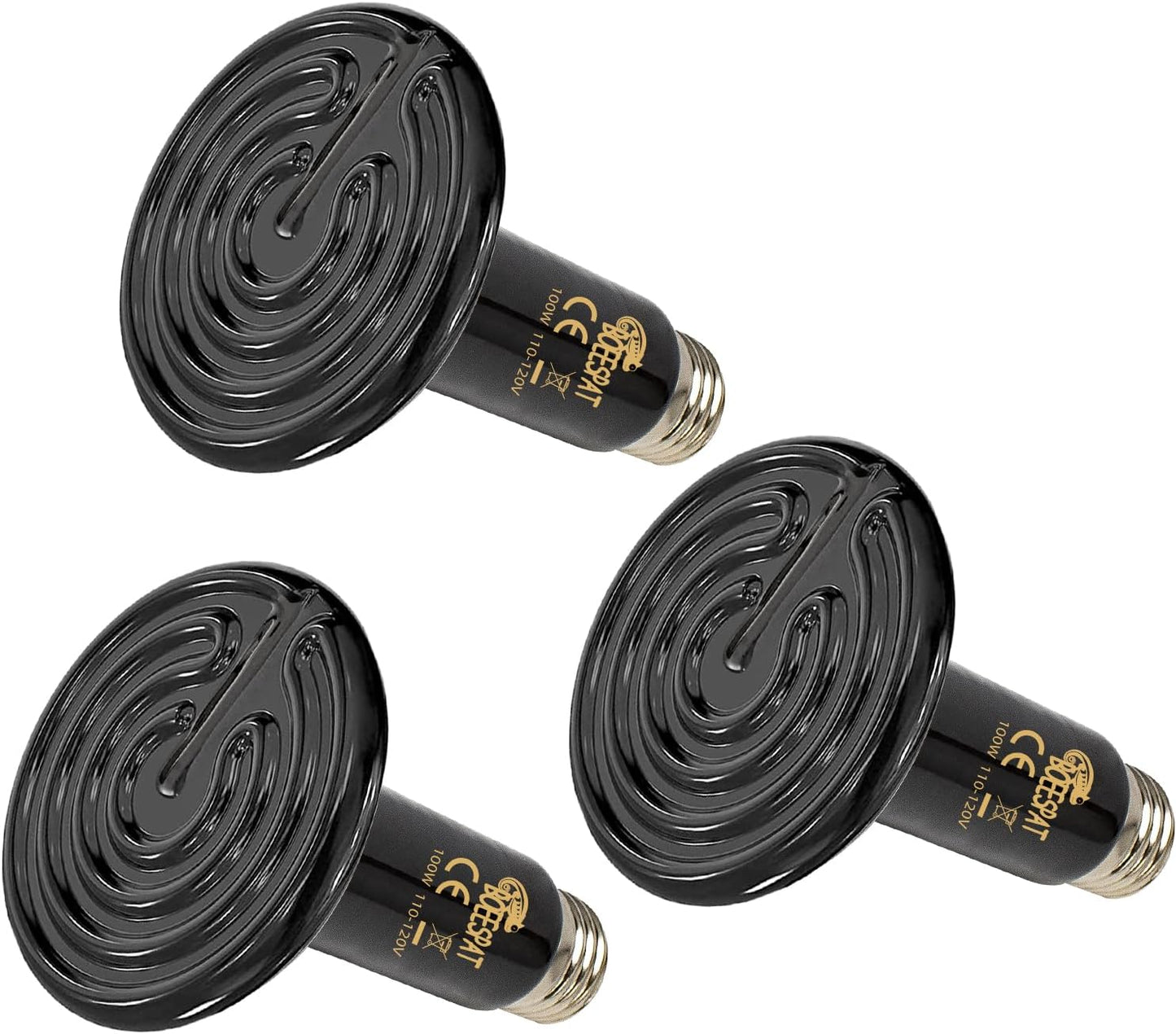 Pack of 3 Black Ceramic Heat Emitters, 100W Reptile Heat Bulbs for Lizards, Snake, Bearded Dragon, Reptiles & Amphibians, No Light & No Disturbing