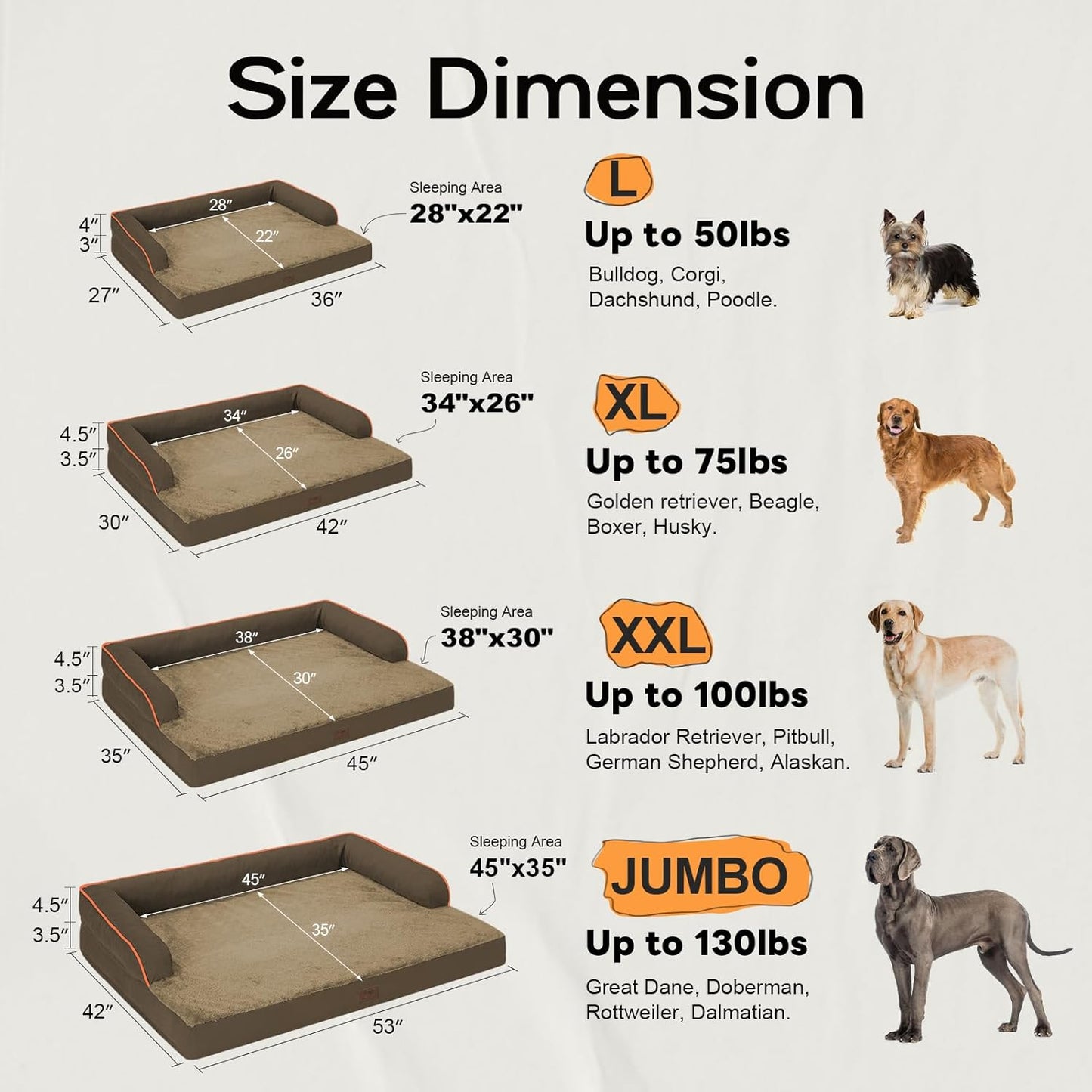 Large Dog Bed Orthopedic Washable: Extra Brown XL XLarge Big Dog Bed with Washable Bolster & Memory Foam Couch Sofa - Waterproof with Removable Cover