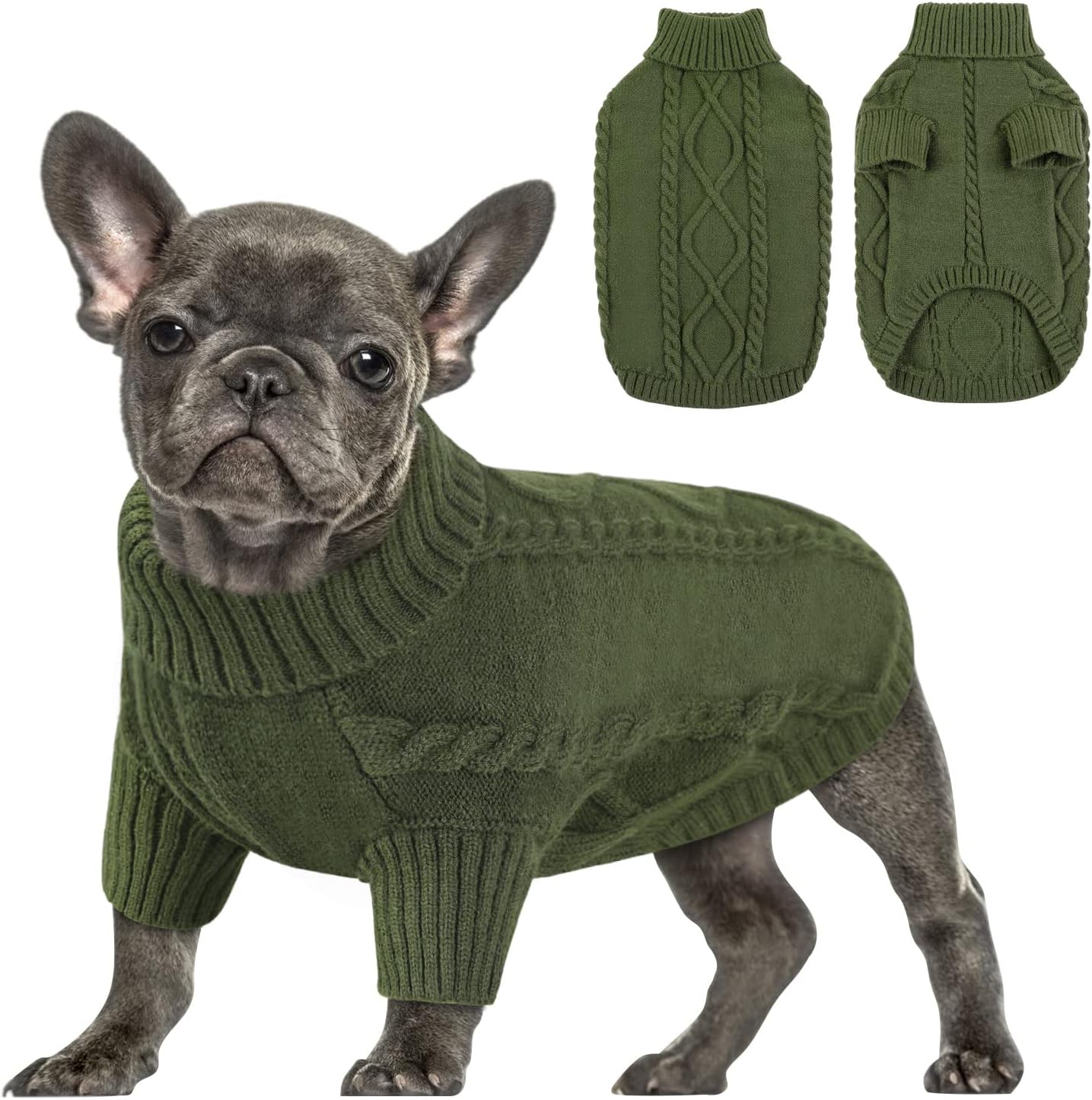 Queenmore Small Dog Pullover Sweater, Cold Weather Cable Knitwear, Classic Turtleneck Thick Warm Clothes for Chihuahua, Bulldog, Dachshund, Pug (Army Green, Medium)