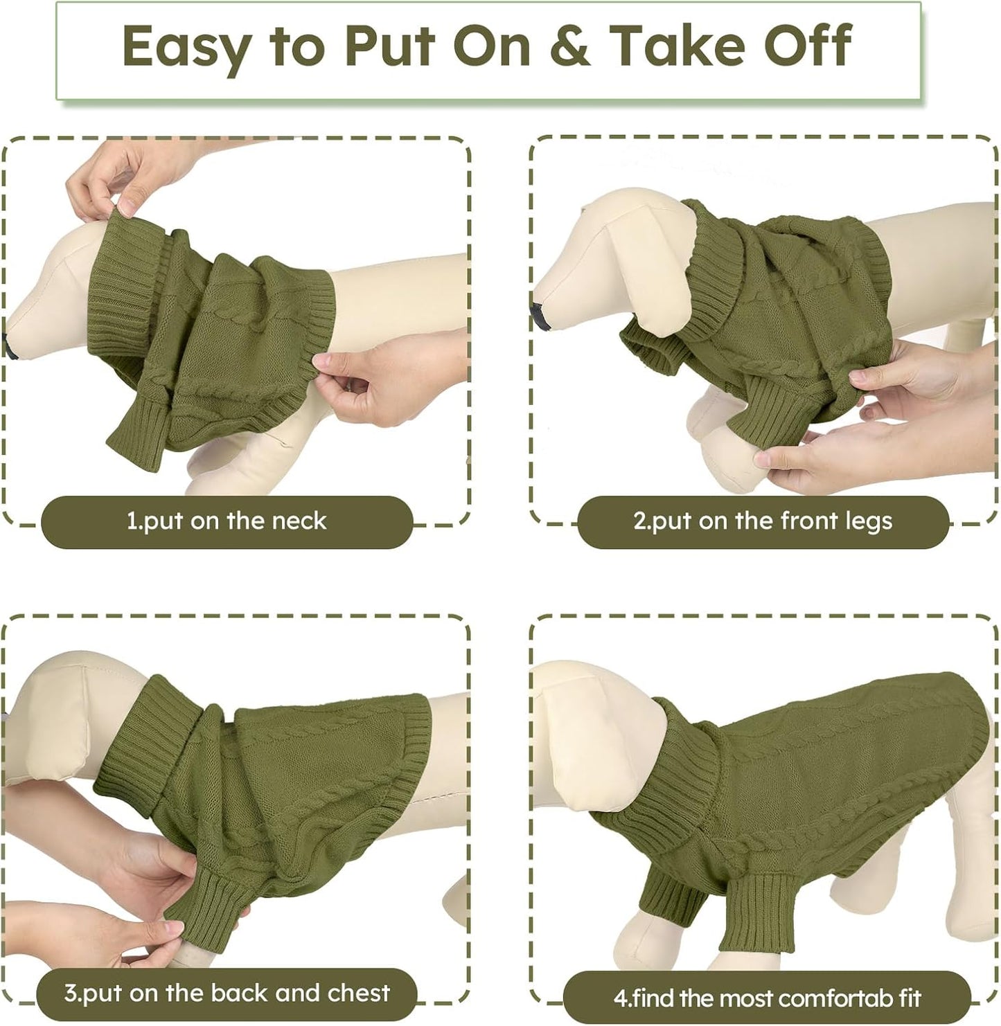 Queenmore Small Dog Pullover Sweater, Cold Weather Cable Knitwear, Classic Turtleneck Thick Warm Clothes for Chihuahua, Bulldog, Dachshund, Pugl,OliveGreen,L