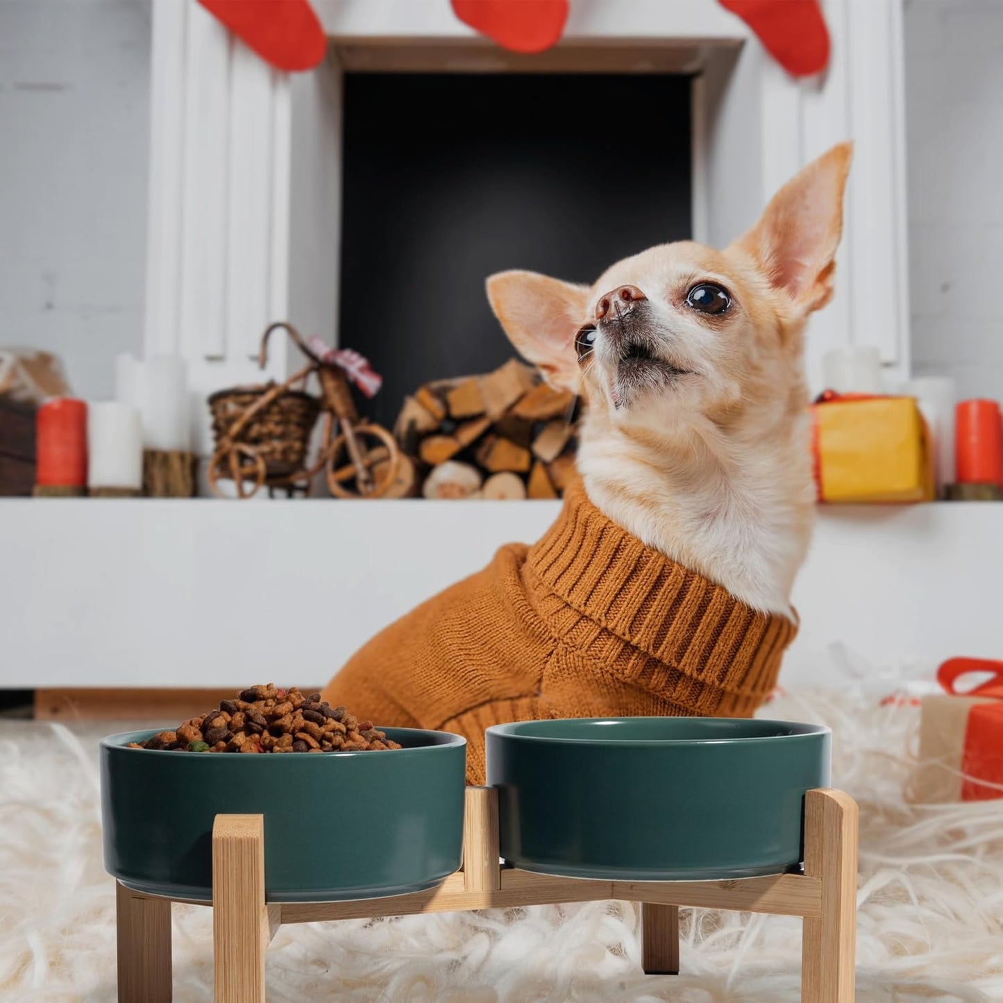 Elevated Ceramic Dog Bowl Set - Raised Feeding Bowls with Non-Slip Bamboo Stand - Small Pet Dishes for Food and Water - Ideal for Cats and Puppies - 16.23 OZ - 2 Cups - 480 ML
