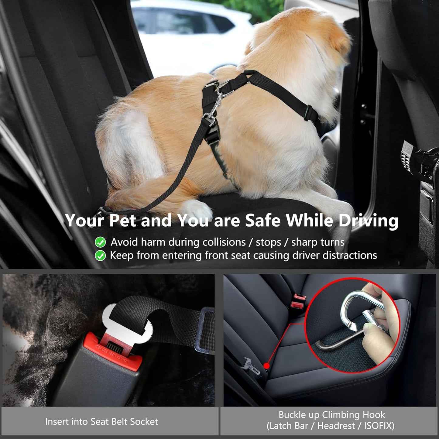 Dog Seat Belt, Safety Vest Dog Car Harness with Adjustable Buckle Dog Seat Belt for Vehicle Nylon Pet Safety Seat Belts Heavy Duty(XL, Black Daisy)