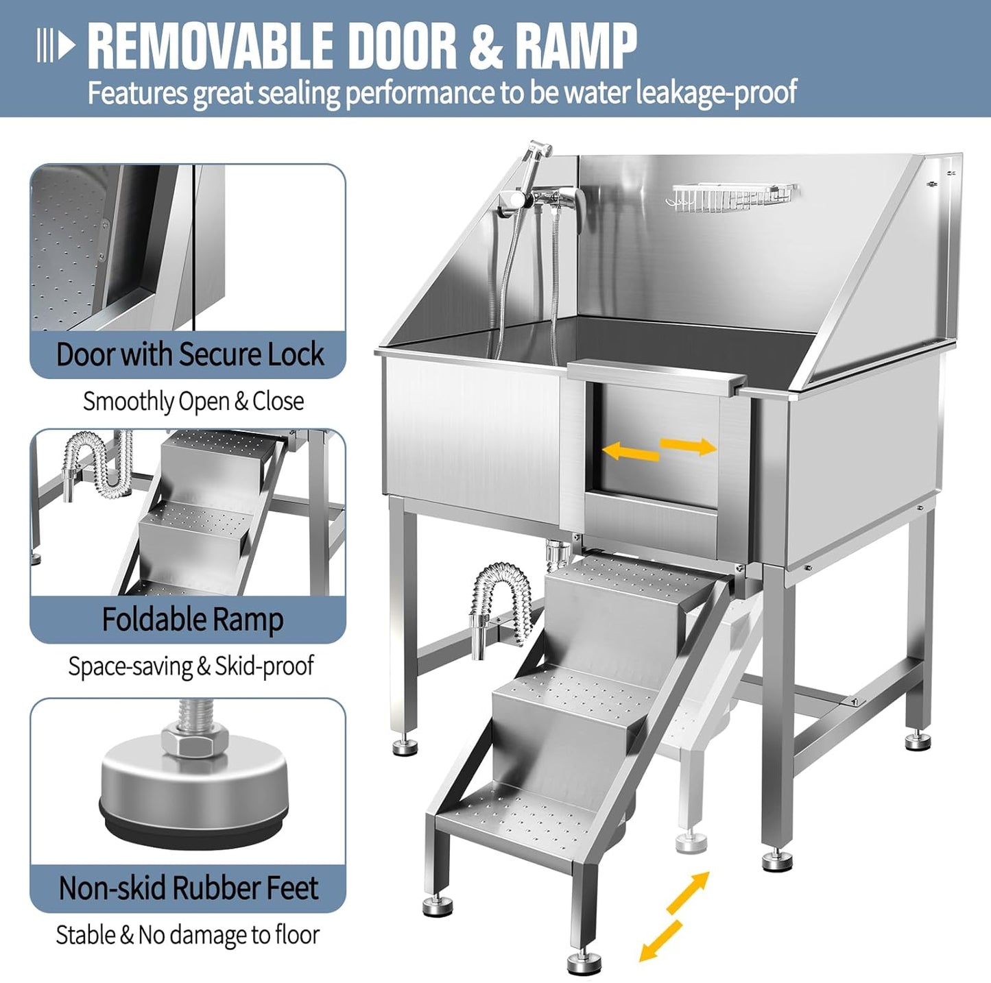 38" Pet Dog Bathing Station W/Stairs, Professional Stainless Steel Dog Grooming Tub W/Soap Box, Faucet,Rich Accessory, Dog Bathtub for Large,Medium,Small Pets, Washing Sink for Home,R-RAMP