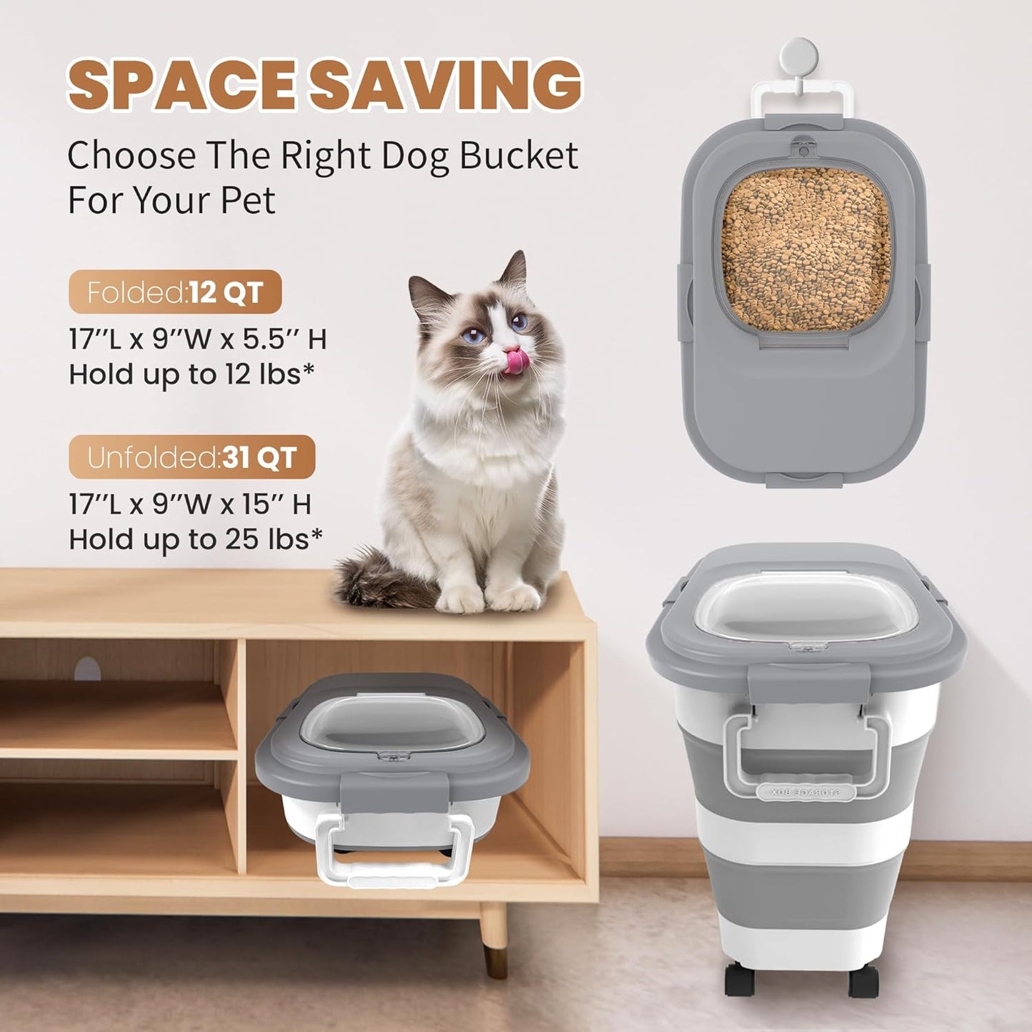 23-25 Lbs Airtight Dog Food Storage Container,Collapsible Dog Food Container with Lid,Wheels,Handle,Large Pet food storage Container with Scoop,Small Food Container for Dog Cat