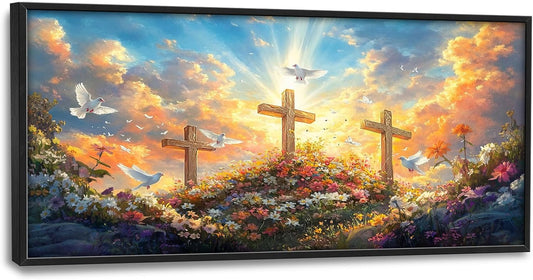 Framed Large Christian Jesus Wall Art, Oversized Floral Dove Wall Decor for Living Room, Landscape Canvas Painting Peaceful Pictures Modern Artwork for Living Room Bedroom Office 60"x30"