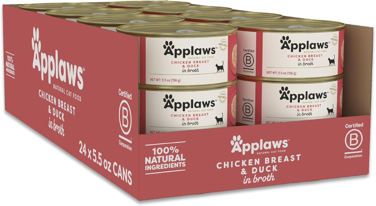 Applaws Natural Wet Cat Food in Broth, Limited Ingredient Canned Wet Cat Food, No Additives, Made with Natural Ingredients, Chicken Breast & Duck in Broth (24 x 5.5oz Cans)